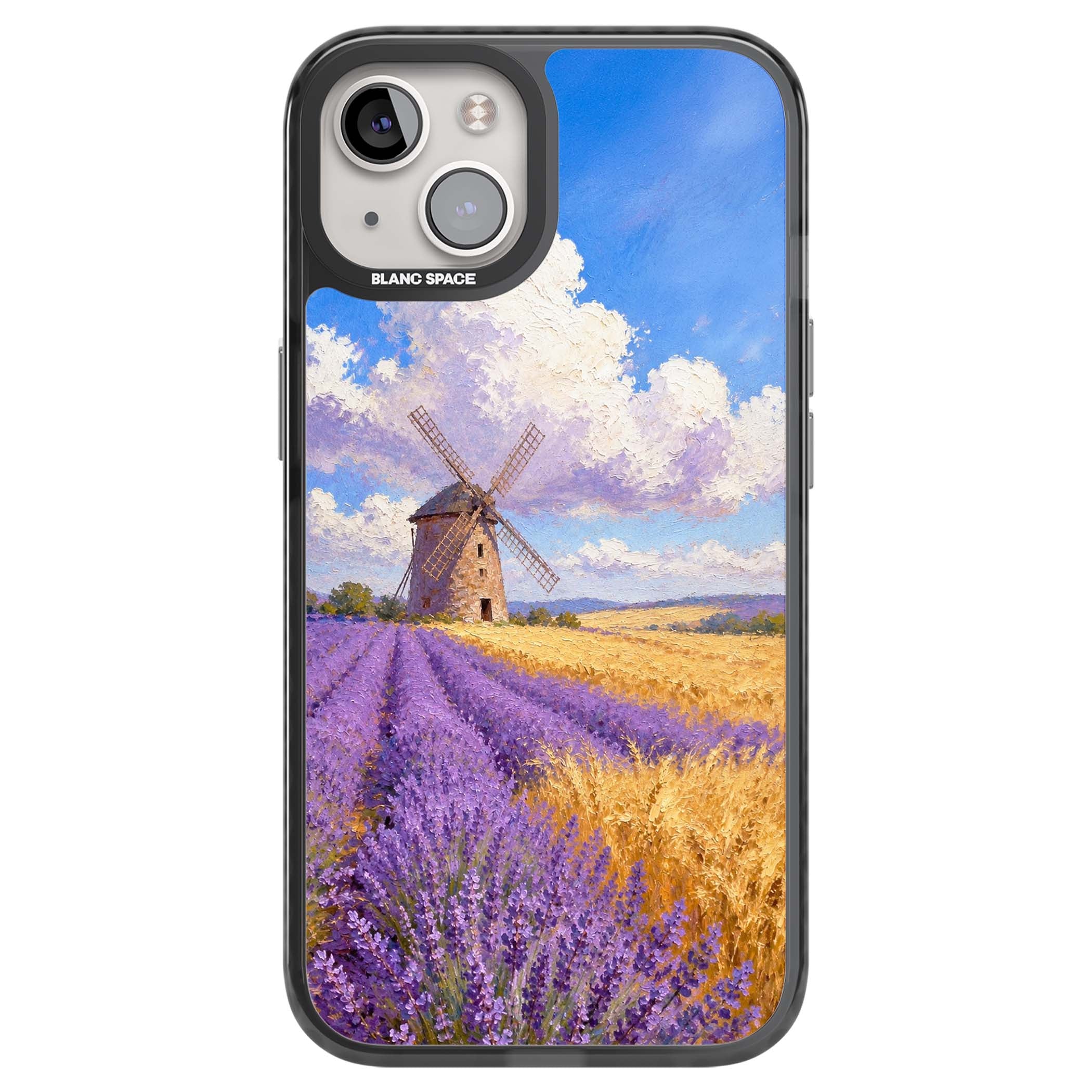 Lavender Mill cottagecore iPhone case featuring a French windmill, lavender field and golden wheat oil painting | Black Impact case for iPhone 13, iPhone 14, iPhone 15