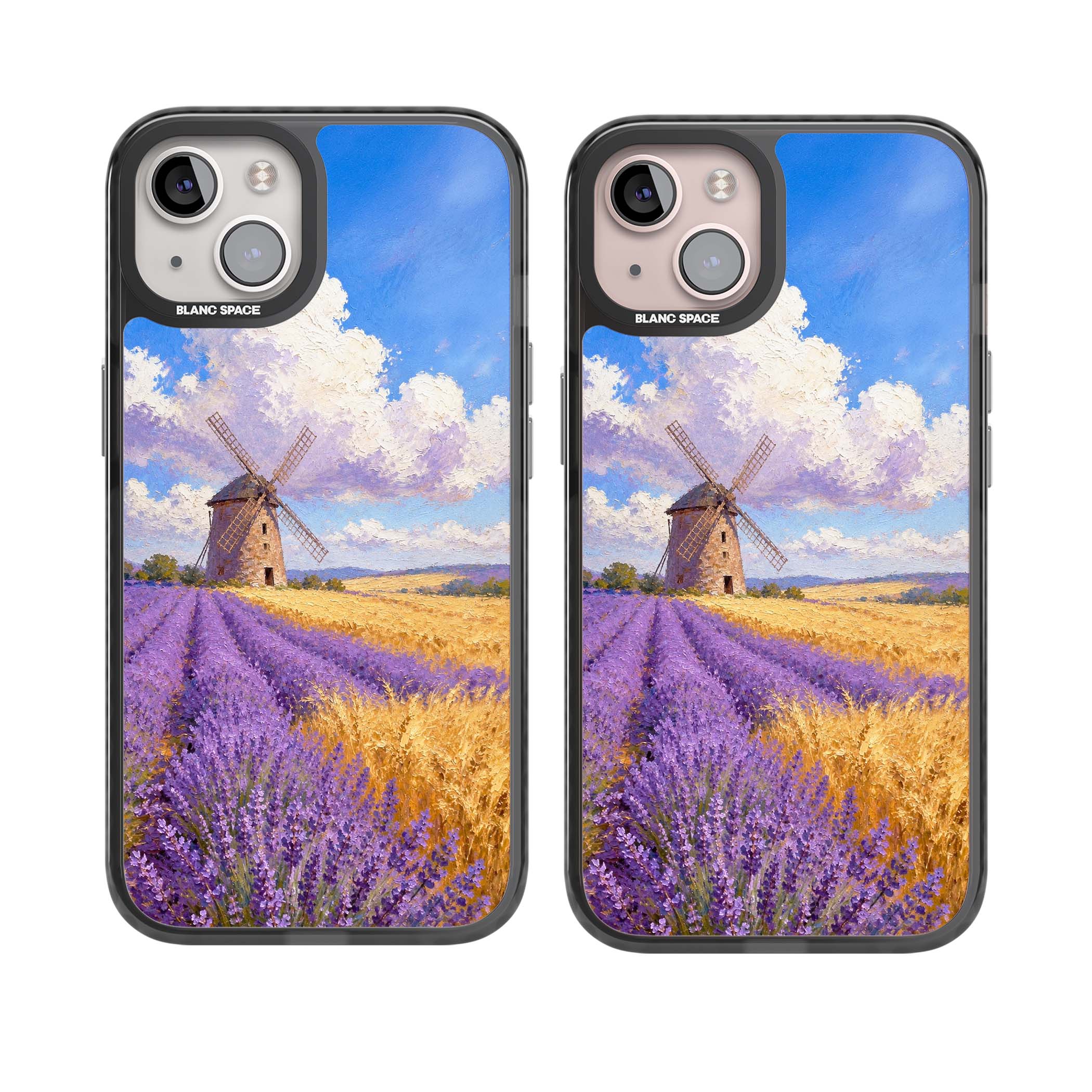 Lavender Mill cottagecore iPhone case featuring a French windmill, lavender field and golden wheat oil painting | Black Impact case for iPhone 13, iPhone 14, iPhone 15