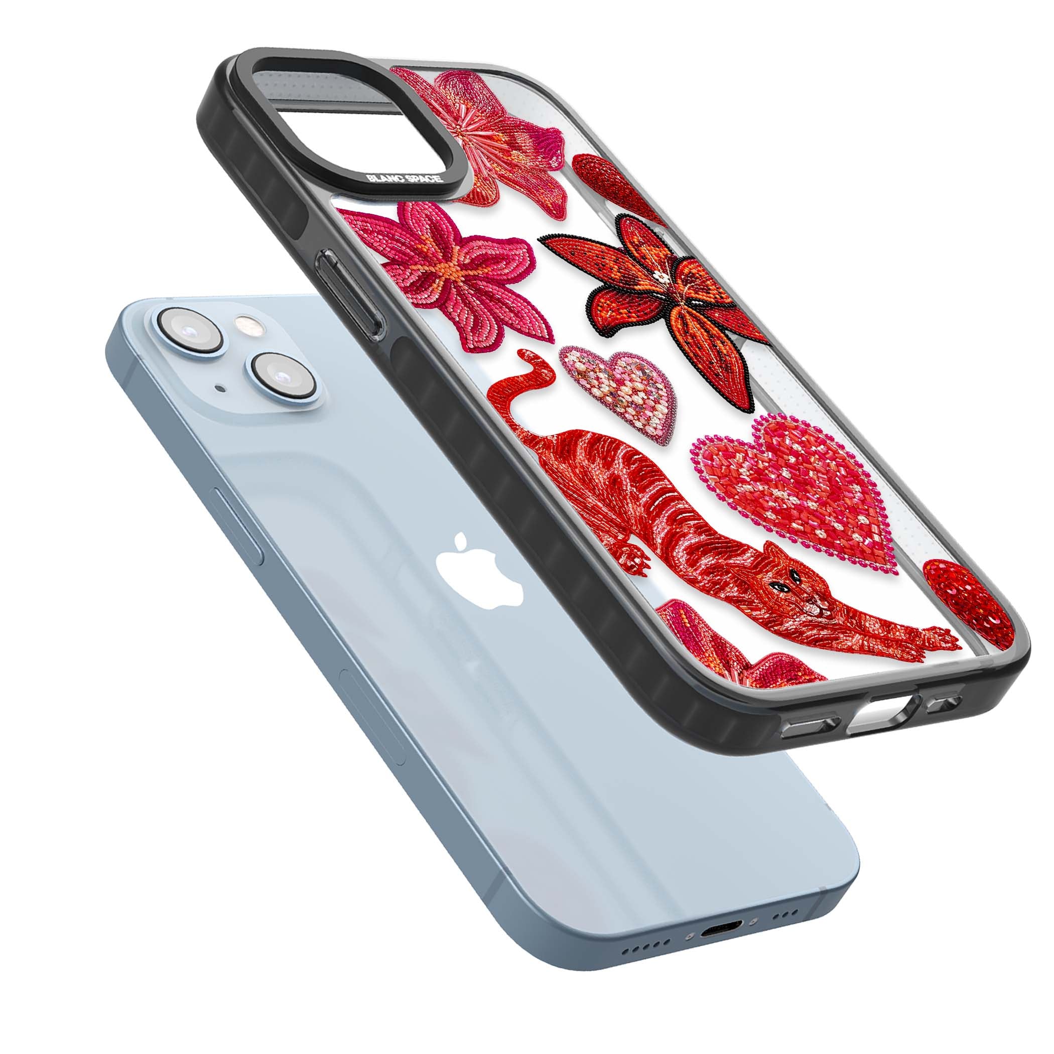 Beaded Boho floral iPhone case featuring beaded red lilies, a stitched tiger, and pearl-encrusted hearts on clear | Black Impact case for iPhone 13, iPhone 14, iPhone 15