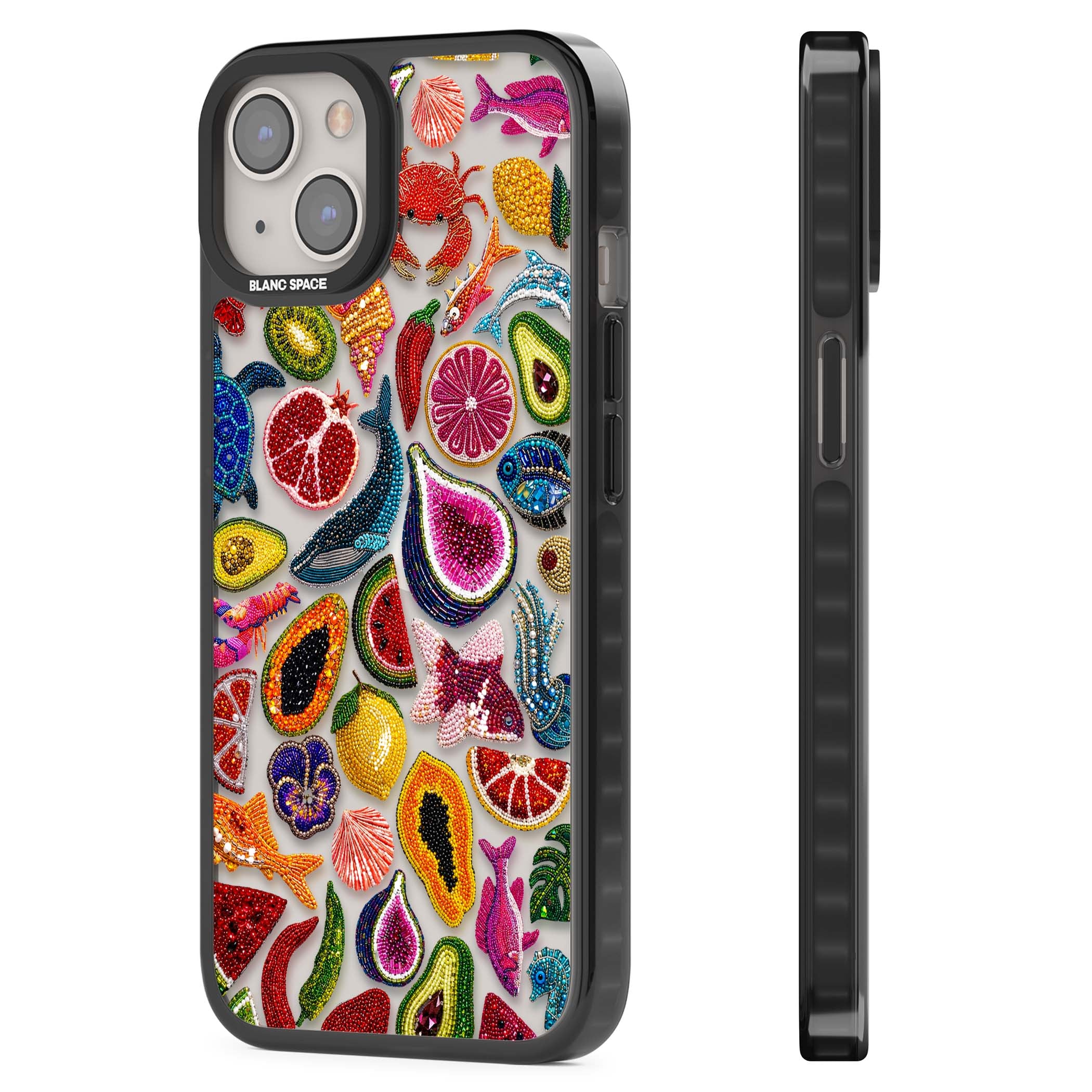 Beaded Tropic tropical iPhone case featuring beaded fruit, fish, crabs and seashells in vibrant colour | Black Impact case for iPhone 13, iPhone 14, iPhone 15