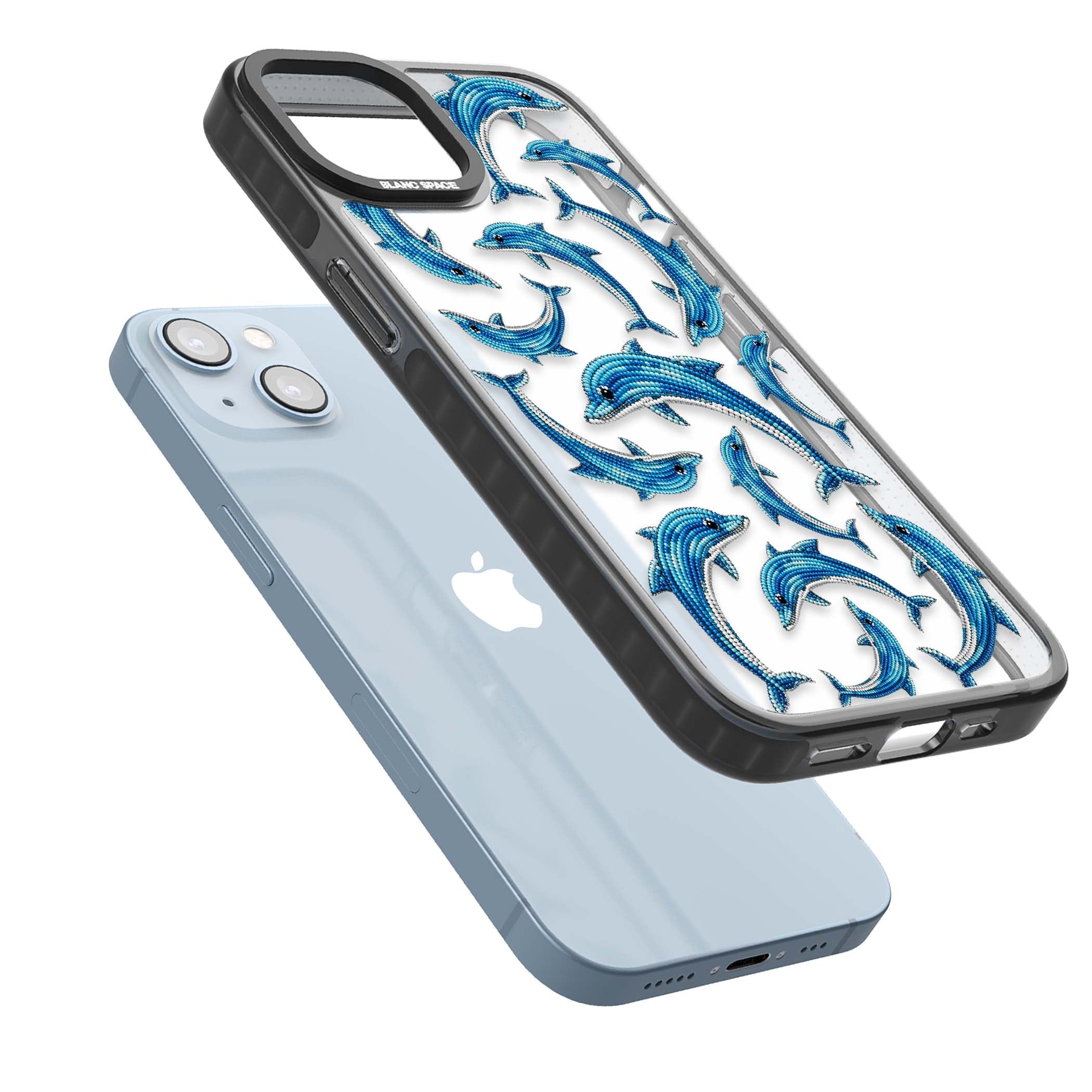 Beaded Dolphins coastal iPhone case featuring beaded dolphins in blue and white swimming across a clear background | Black Impact case for iPhone 13, iPhone 14, iPhone 15