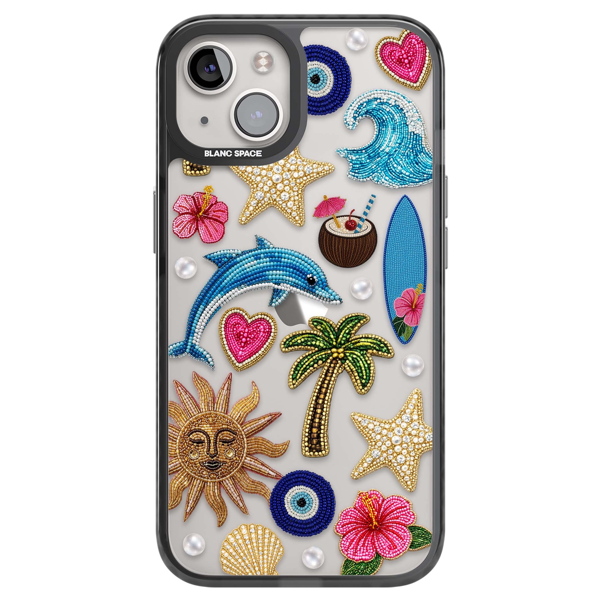 Beaded Beach coastal summer iPhone case featuring embroidered evil eye, hibiscus flowers, dolphin and palm tree patches | Black Impact case for iPhone 13, iPhone 14, iPhone 15