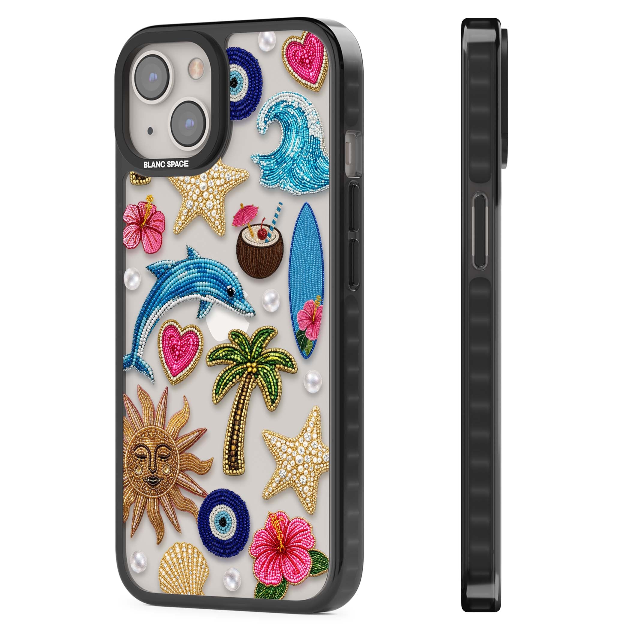 Beaded Beach coastal summer iPhone case featuring embroidered evil eye, hibiscus flowers, dolphin and palm tree patches | Black Impact case for iPhone 13, iPhone 14, iPhone 15