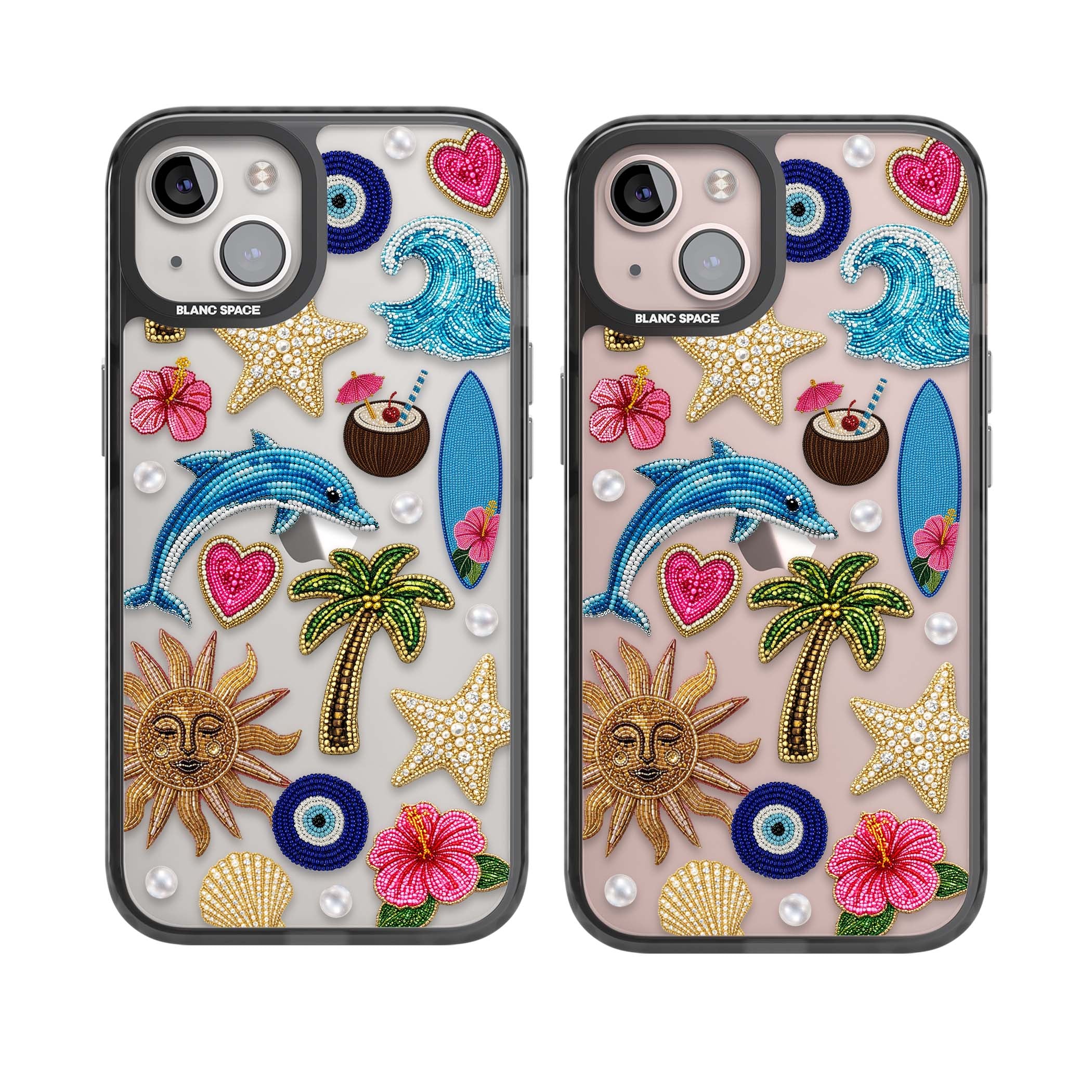 Beaded Beach coastal summer iPhone case featuring embroidered evil eye, hibiscus flowers, dolphin and palm tree patches | Black Impact case for iPhone 13, iPhone 14, iPhone 15