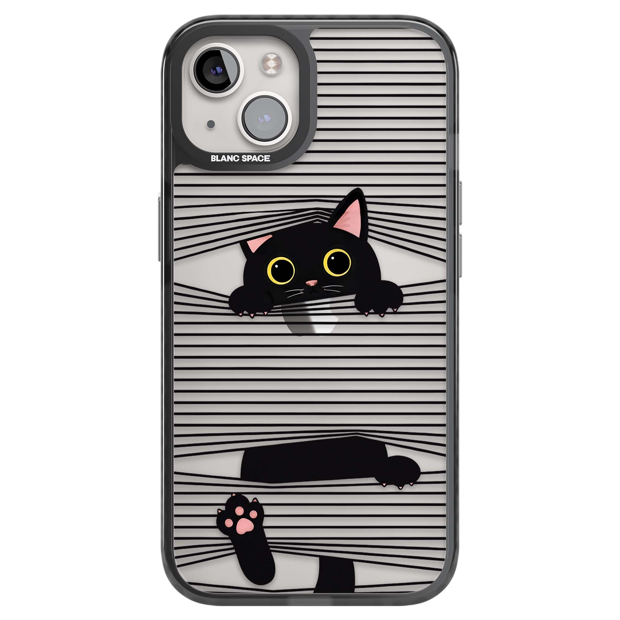Peek-a-Boo Cat minimal iPhone case featuring black cat peeking through horizontal black and white stripes | Black Impact case for iPhone 13, iPhone 14, iPhone 15