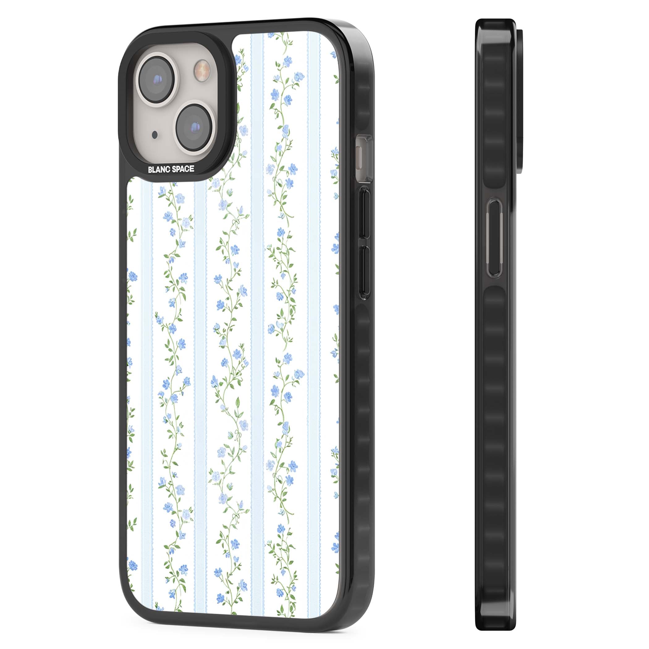 Bluebell Vine cottagecore iPhone case featuring climbing blue roses, trailing green vines, and pale ticking stripes | Black Impact case for iPhone 13, iPhone 14, iPhone 15