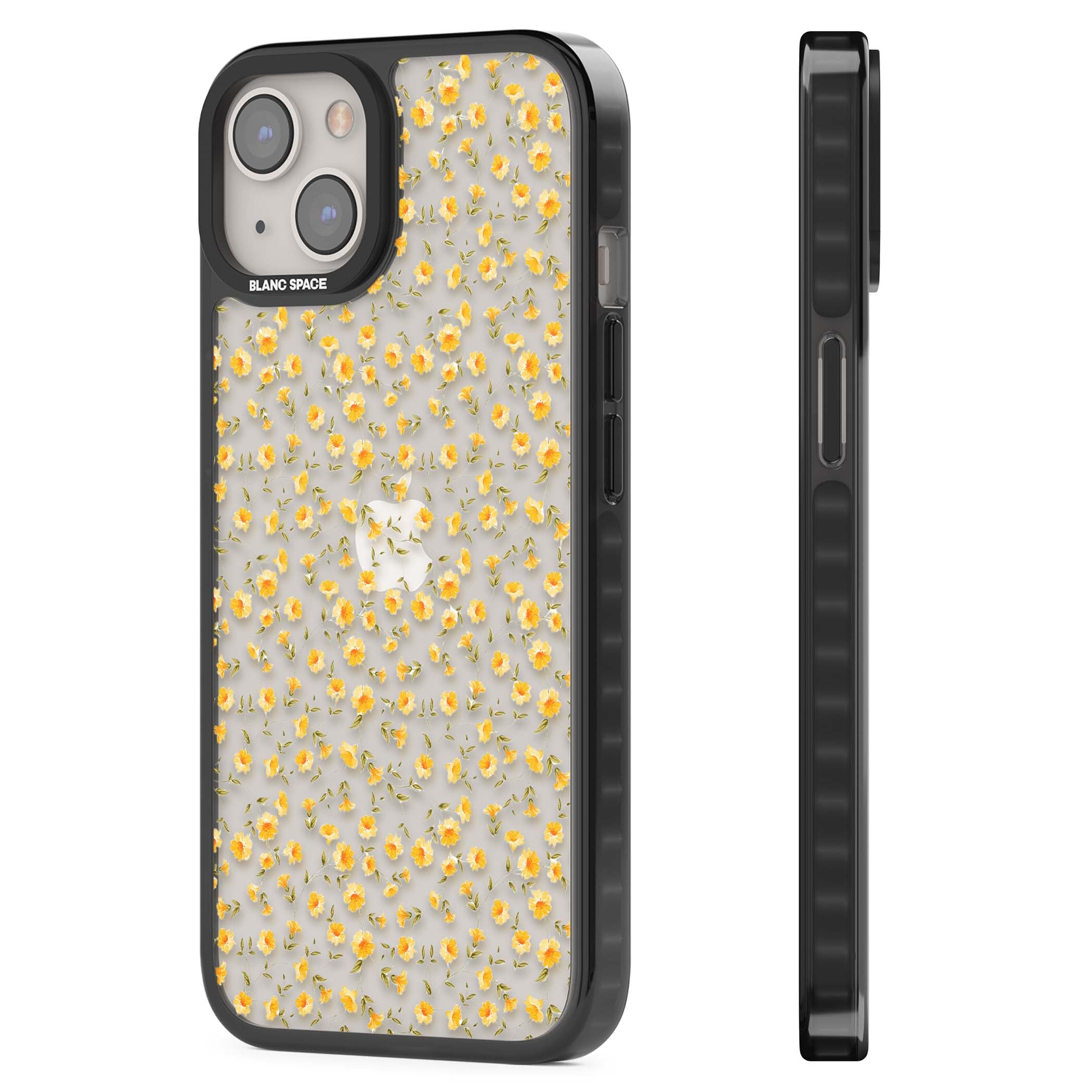 Buttercup wildflower iPhone case featuring tiny yellow flowers and trailing green vines on clear | Black Impact case for iPhone 13, iPhone 14, iPhone 15
