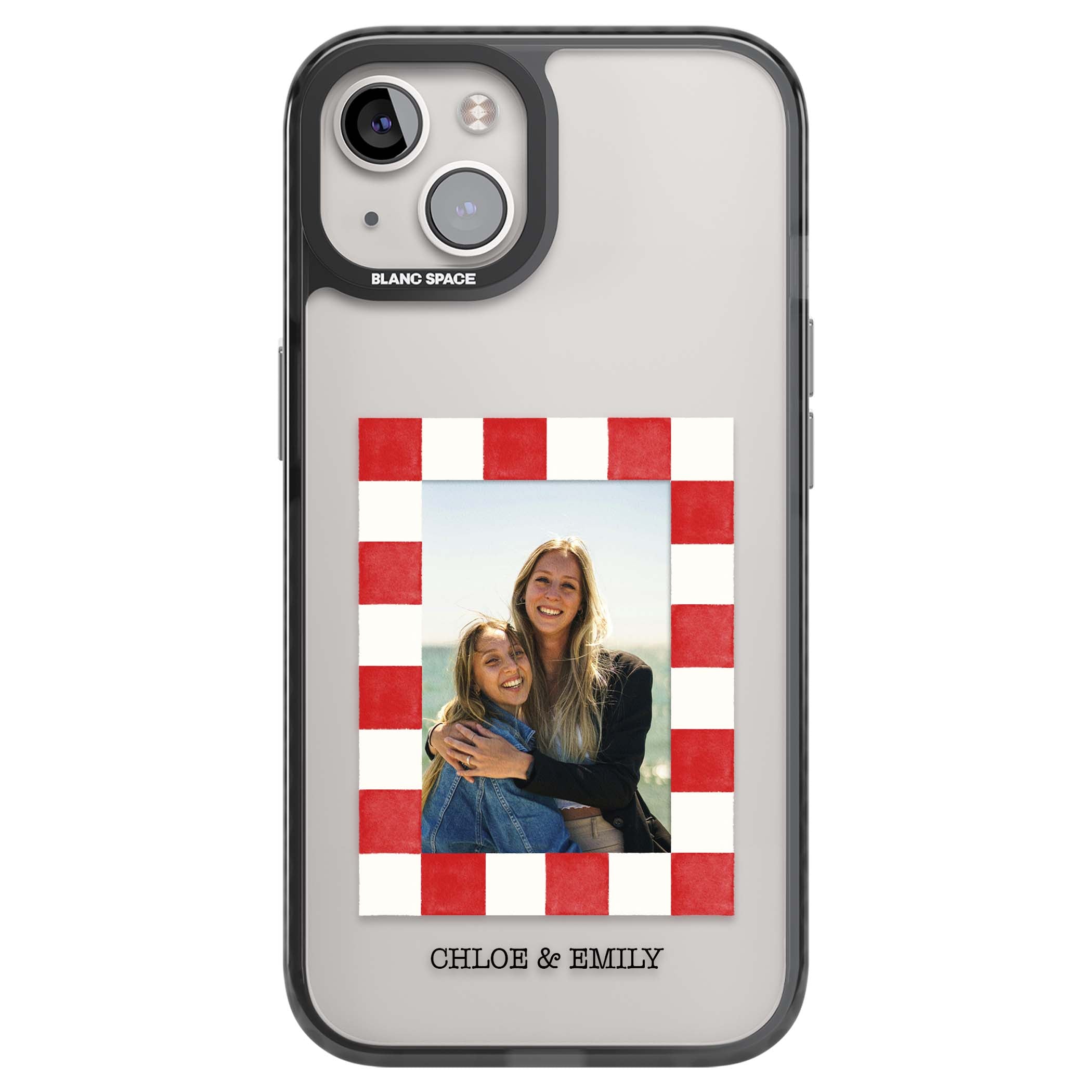 Red Check Photo personalised photo iPhone case with red and white checkered polaroid frame and custom couple name | Black Impact case for iPhone 13, iPhone 14, iPhone 15