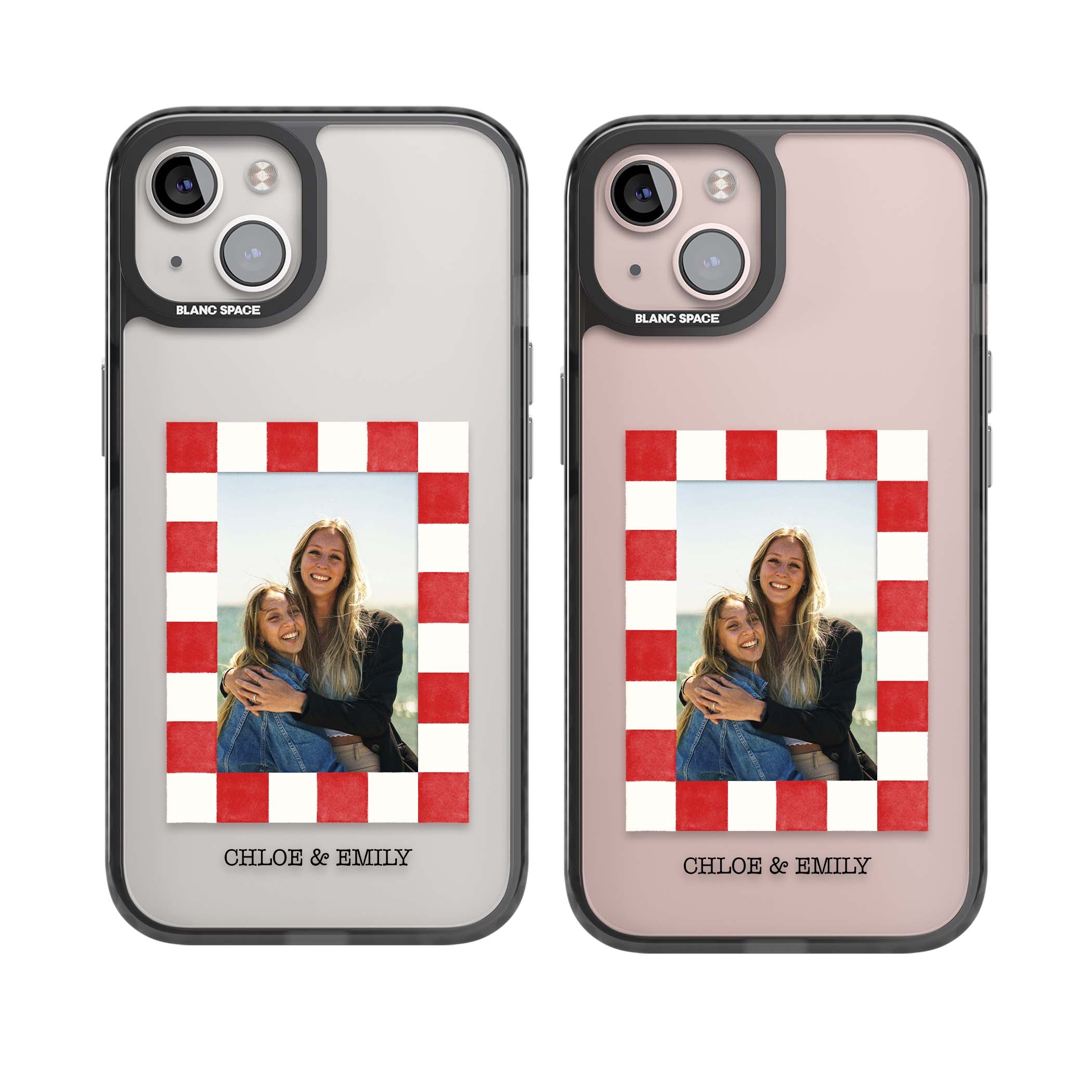 Red Check Photo personalised photo iPhone case with red and white checkered polaroid frame and custom couple name | Black Impact case for iPhone 13, iPhone 14, iPhone 15
