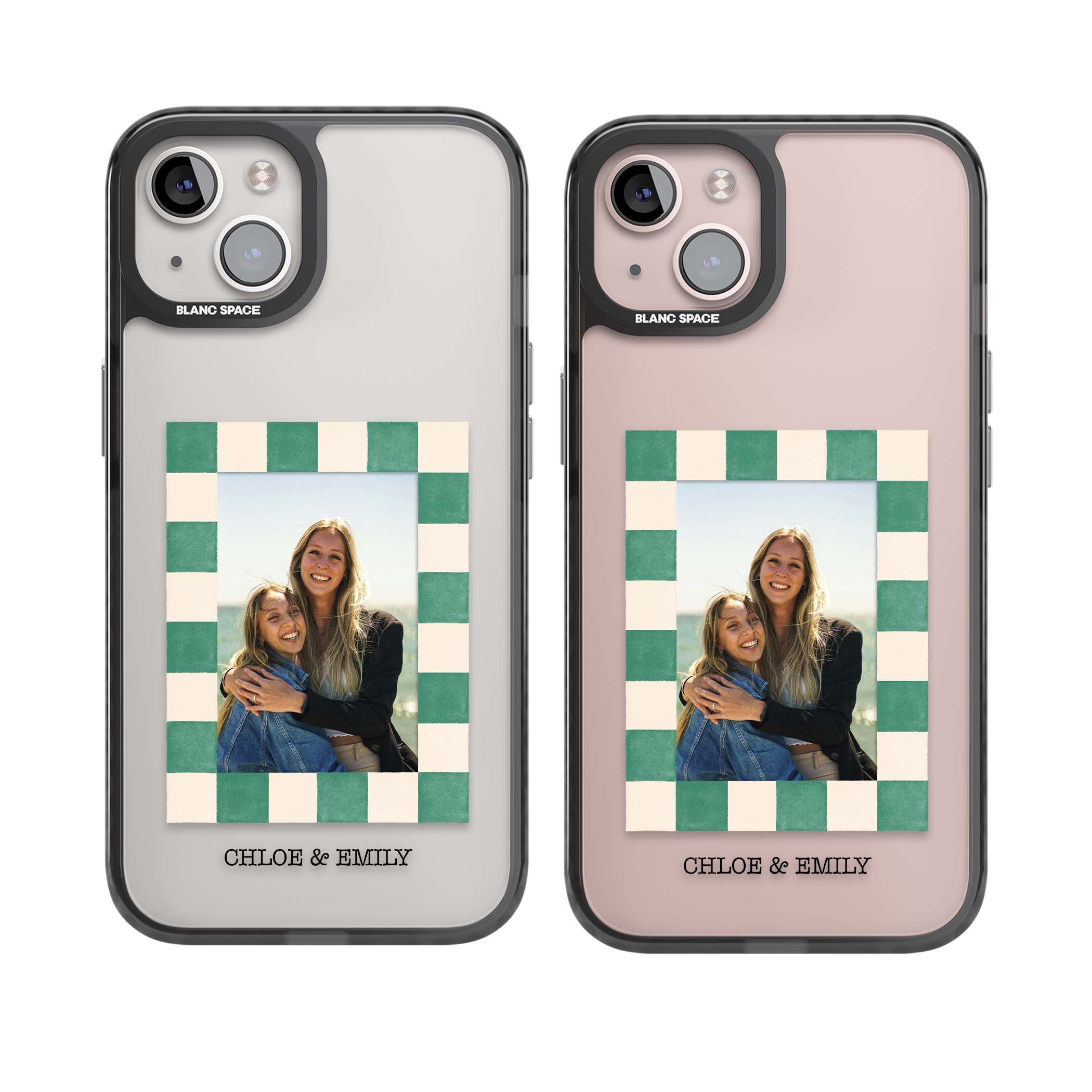 Seafoam Check Photo personalised iPhone case featuring a custom polaroid photo, green and cream checkered frame, and custom n | Black Impact case for iPhone 13, iPhone 14, iPhone 15