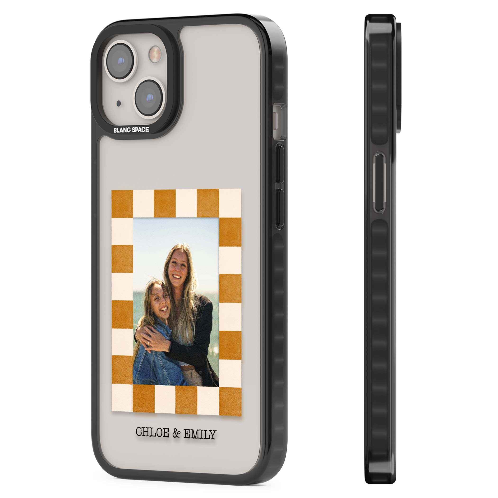 Citrus Check Photo personalised iPhone case with custom photo, orange checkered frame and names underneath | Black Impact case for iPhone 13, iPhone 14, iPhone 15