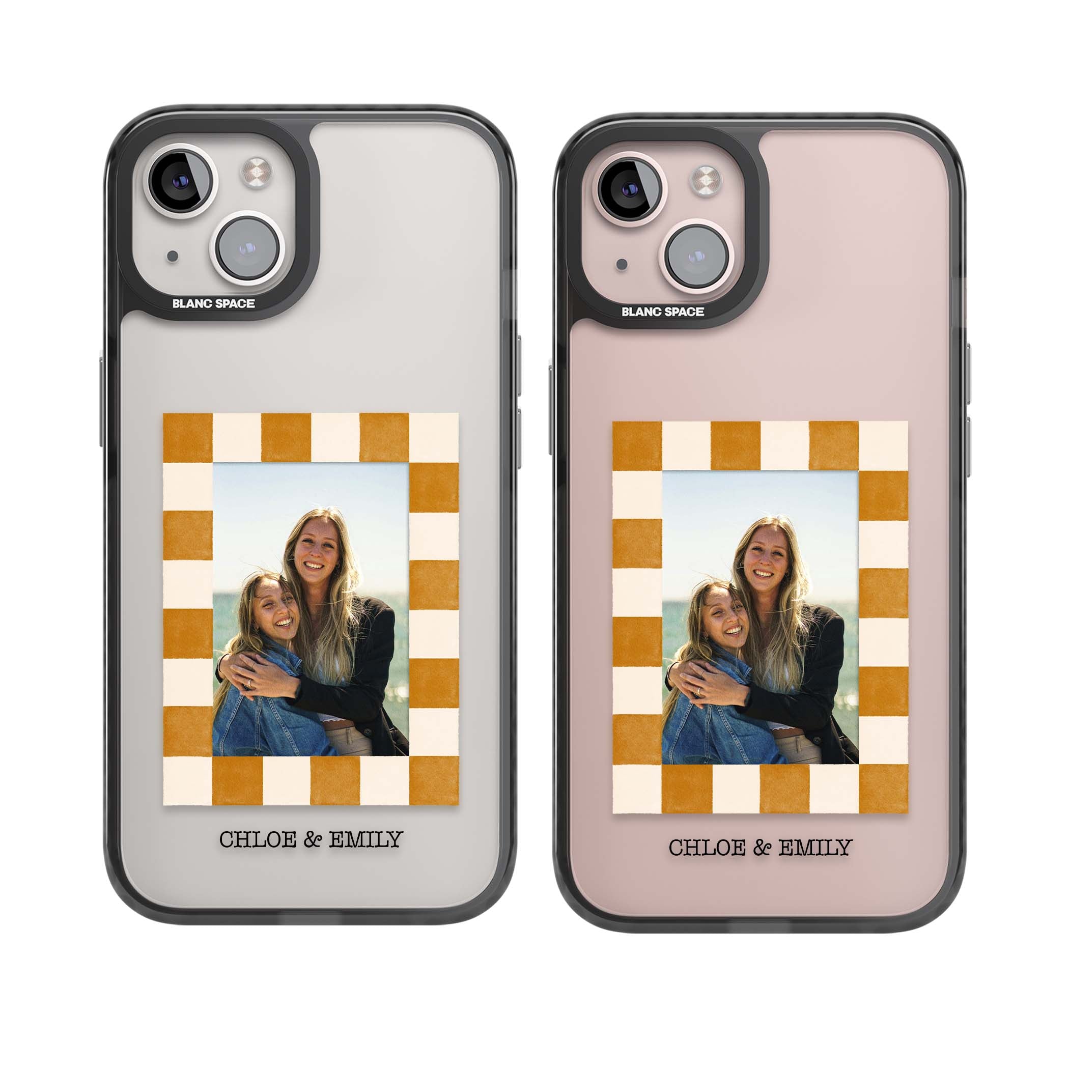 Citrus Check Photo personalised iPhone case with custom photo, orange checkered frame and names underneath | Black Impact case for iPhone 13, iPhone 14, iPhone 15