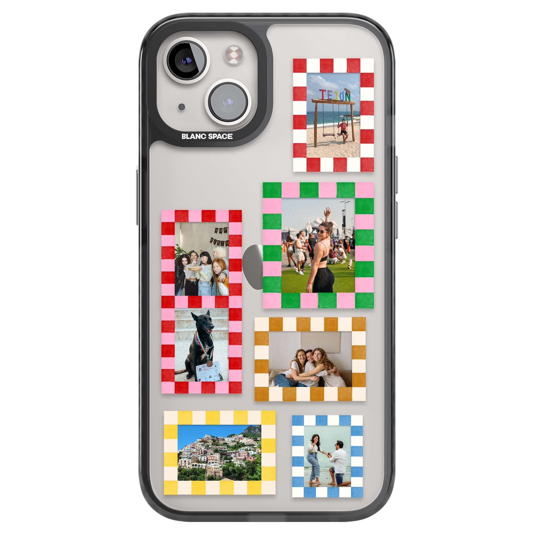 Italian Check Frames custom photo collage iPhone case featuring six checkered photo frames in red, green, pink and  | Black Impact case for iPhone 13, iPhone 14, iPhone 15