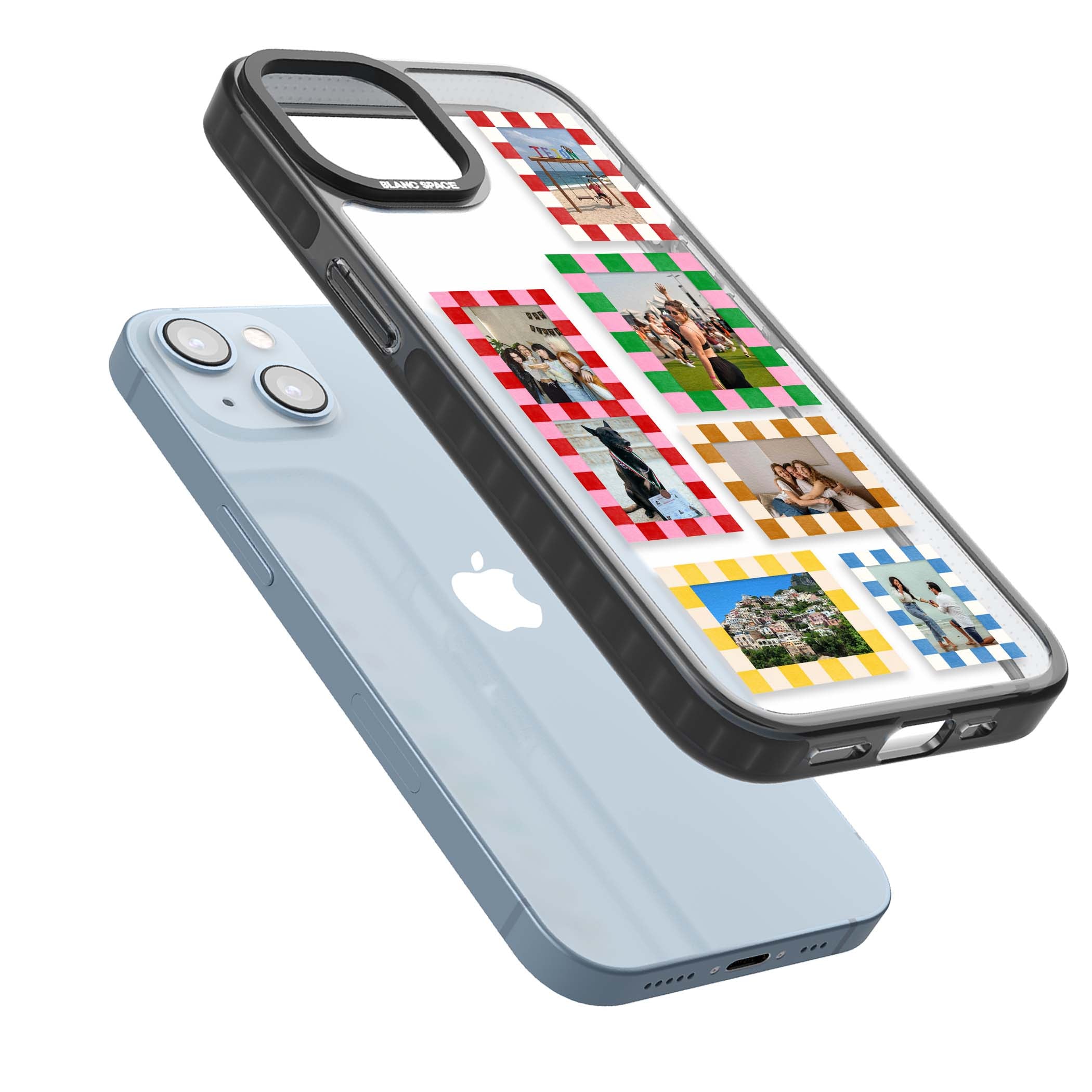 Italian Check Frames custom photo collage iPhone case featuring six checkered photo frames in red, green, pink and  | Black Impact case for iPhone 13, iPhone 14, iPhone 15