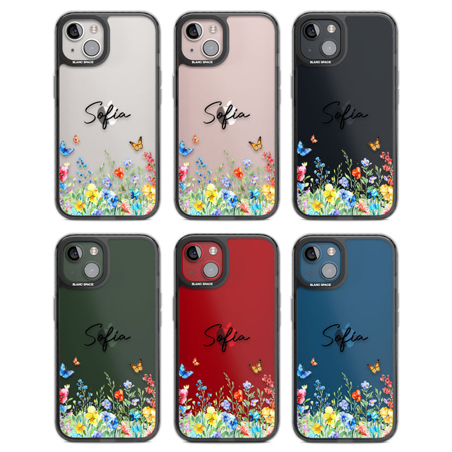 Personalised Buterflies & Wildflowers Black Impact Phone Case for iPhone 13, iPhone 14, iPhone 15