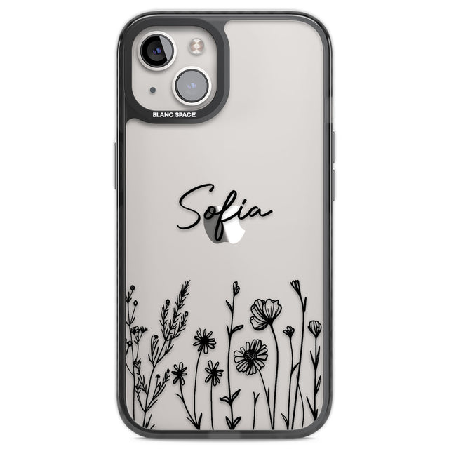 Personalised Black Wildflowers Black Impact Phone Case for iPhone 13, iPhone 14, iPhone 15