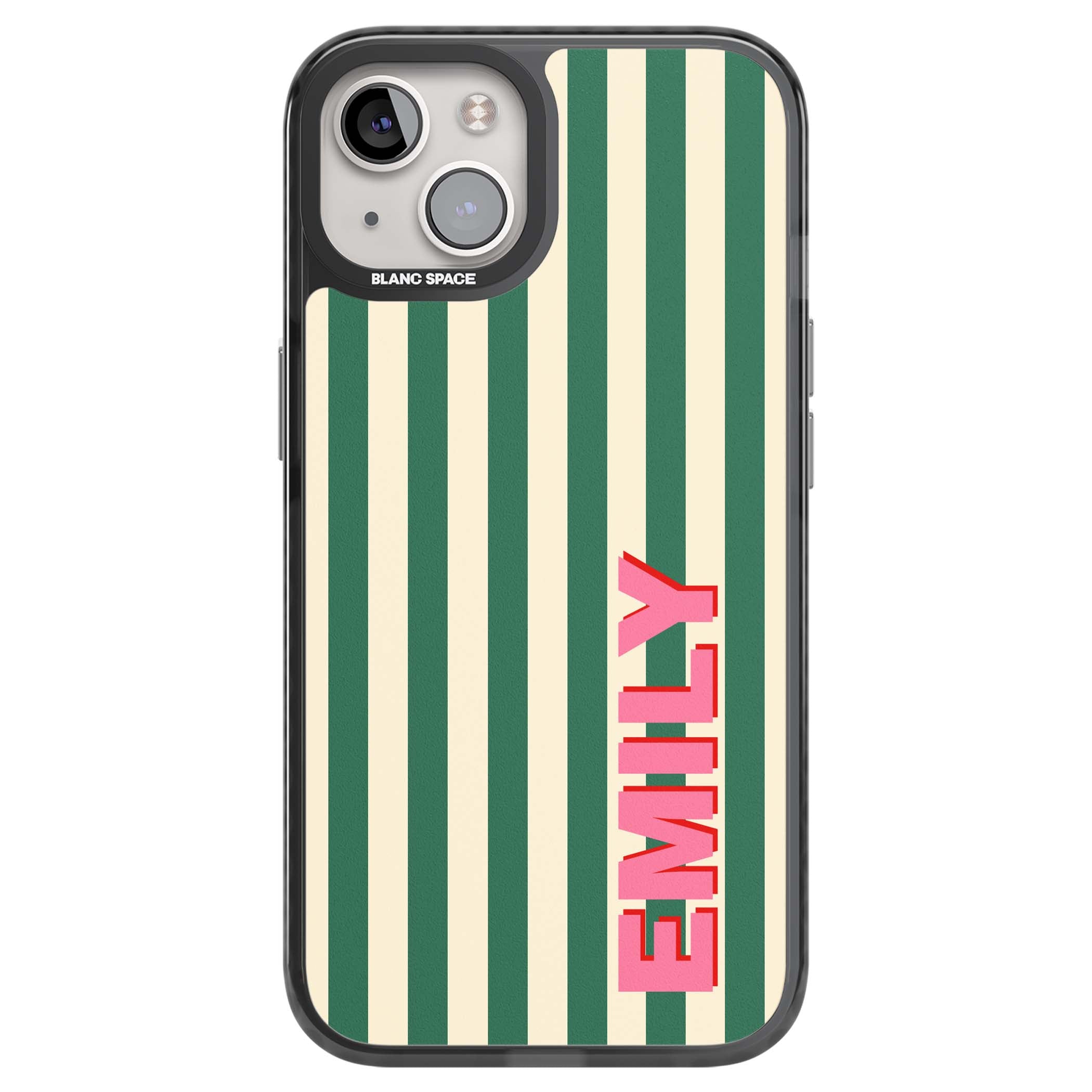 Wimbledon Stripe preppy iPhone case featuring green and cream vertical stripes with a personalised pink name | Black Impact case for iPhone 13, iPhone 14, iPhone 15