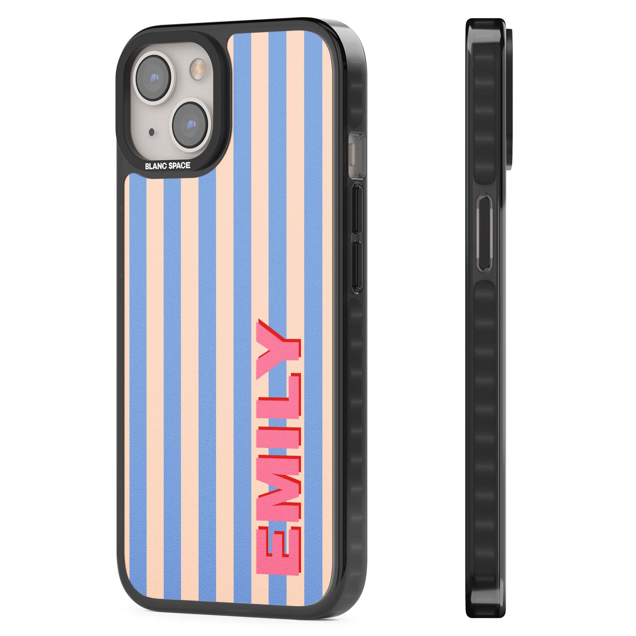 Coastal Stripe personalised coastal iPhone case with blue and peach vertical stripes and custom pink name | Black Impact case for iPhone 13, iPhone 14, iPhone 15