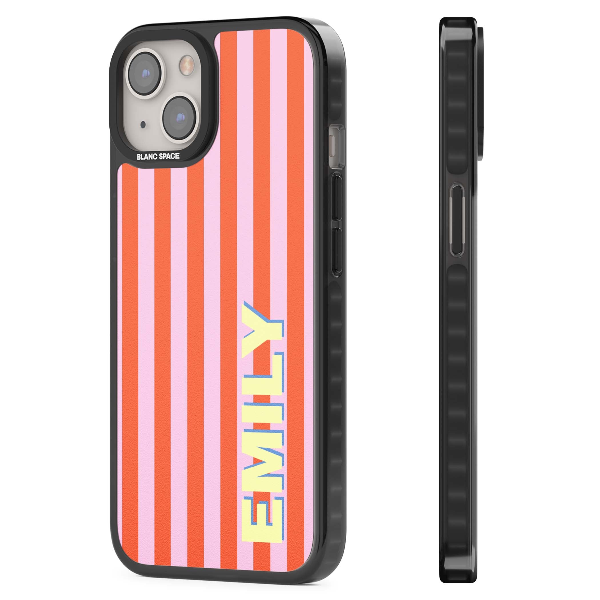 Havana Stripe personalised iPhone case featuring pink and orange vertical stripes with a custom yellow name | Black Impact case for iPhone 13, iPhone 14, iPhone 15