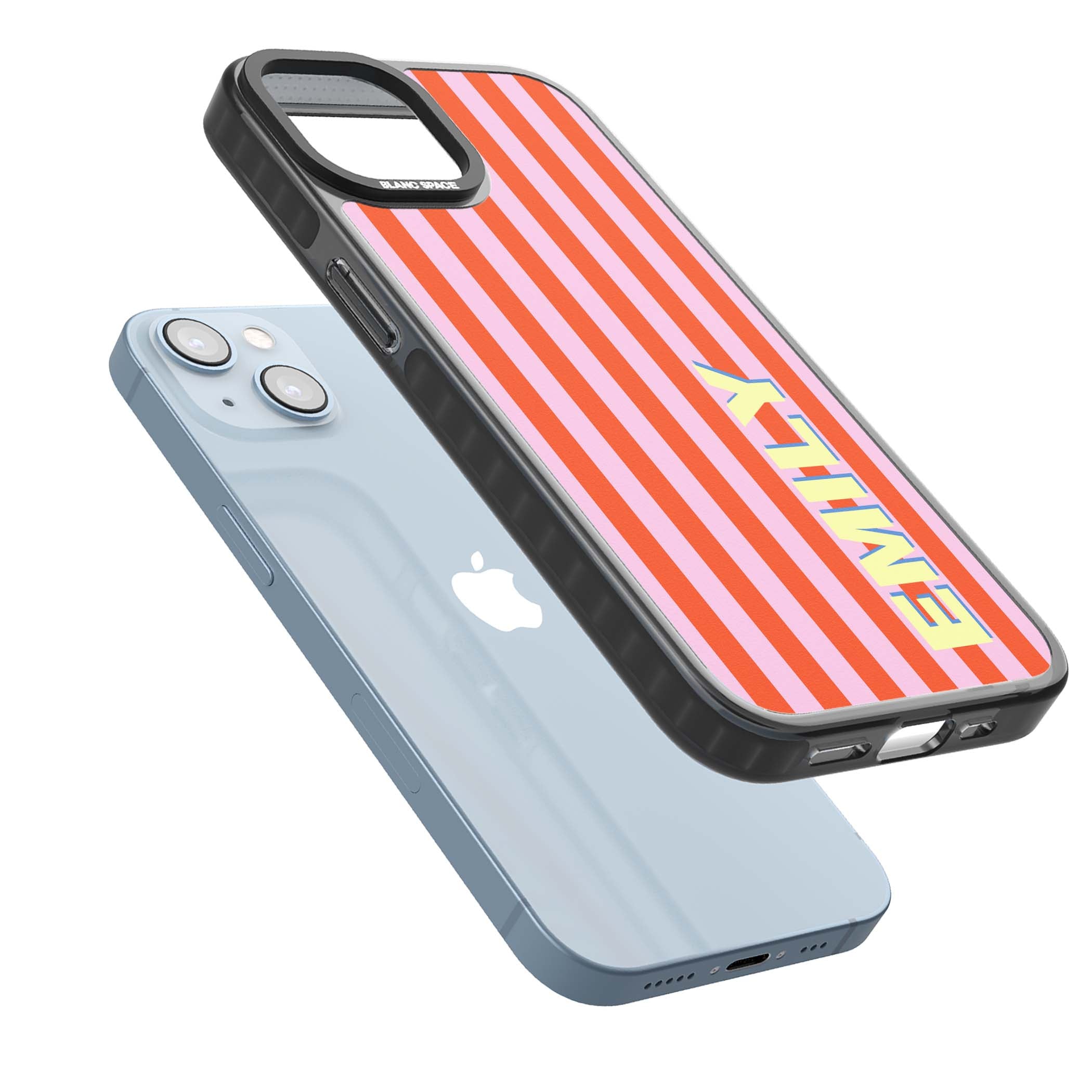 Havana Stripe personalised iPhone case featuring pink and orange vertical stripes with a custom yellow name | Black Impact case for iPhone 13, iPhone 14, iPhone 15