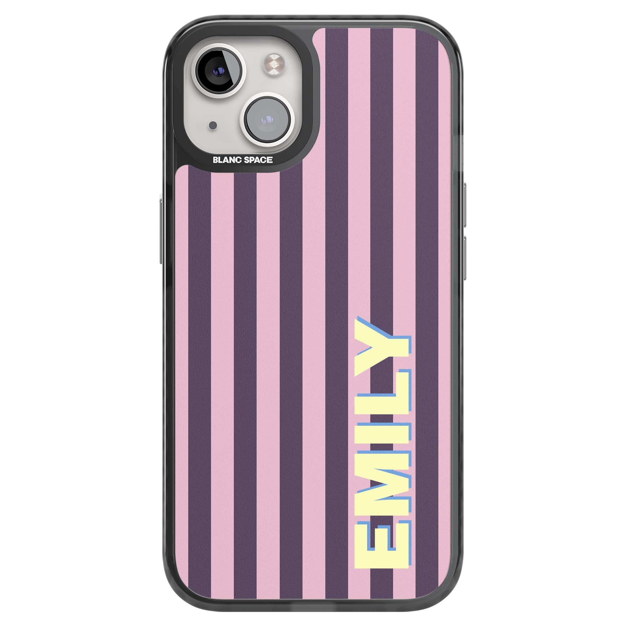Tyre Stripe personalised stripe iPhone case with plum and pink vertical stripes and custom yellow name | Black Impact case for iPhone 13, iPhone 14, iPhone 15