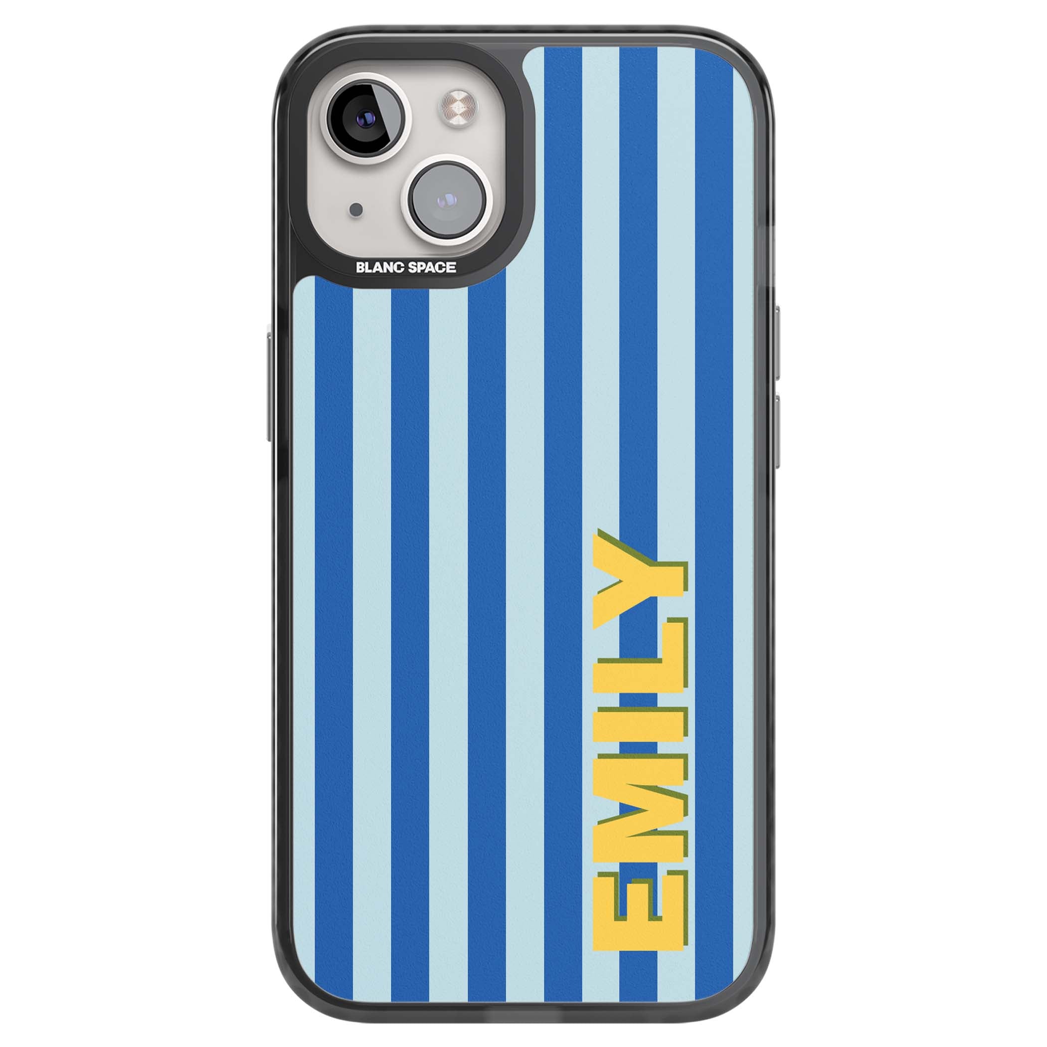 Athenian Stripe personalised preppy iPhone case featuring blue vertical stripes and a custom yellow name | Black Impact case for iPhone 13, iPhone 14, iPhone 15