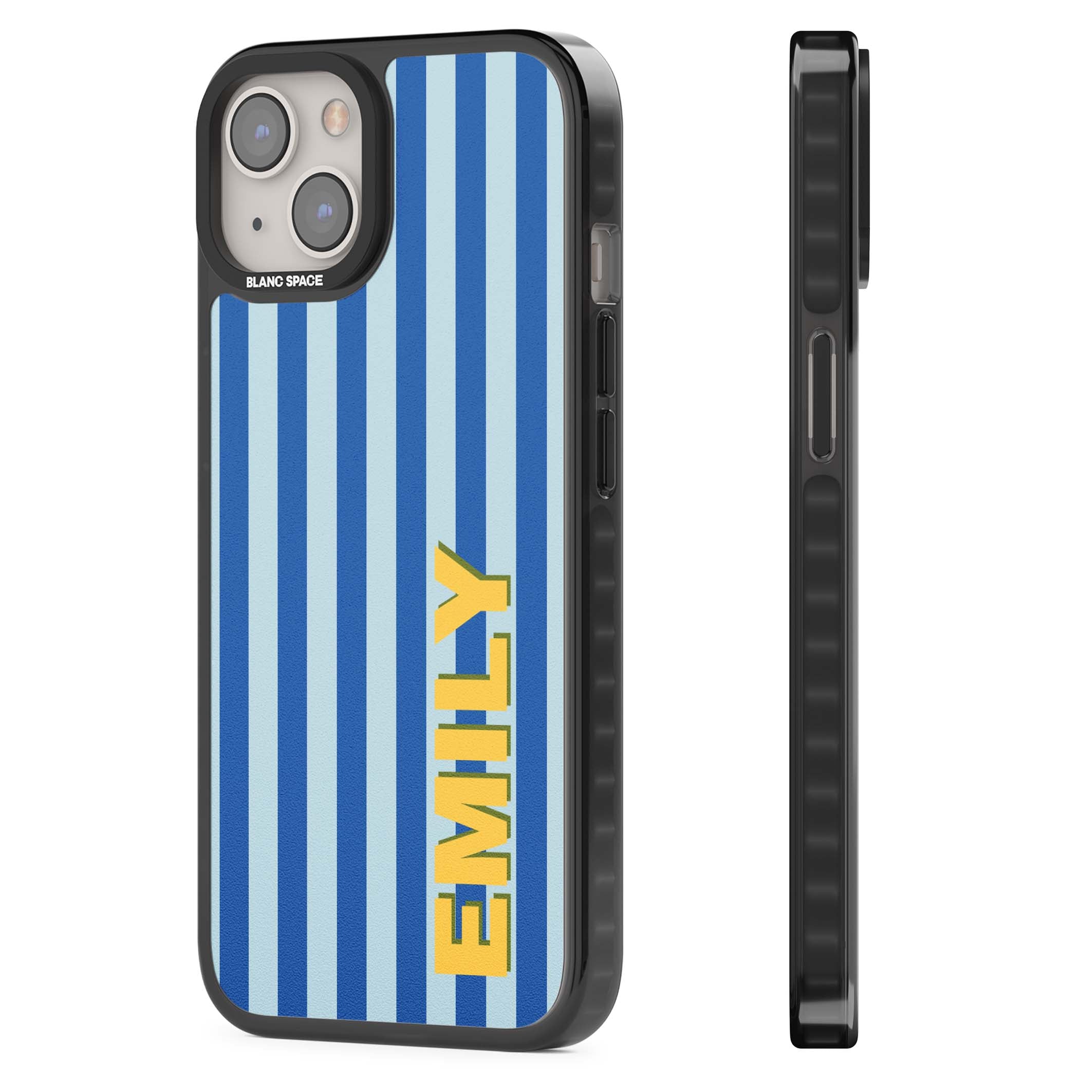 Athenian Stripe personalised preppy iPhone case featuring blue vertical stripes and a custom yellow name | Black Impact case for iPhone 13, iPhone 14, iPhone 15