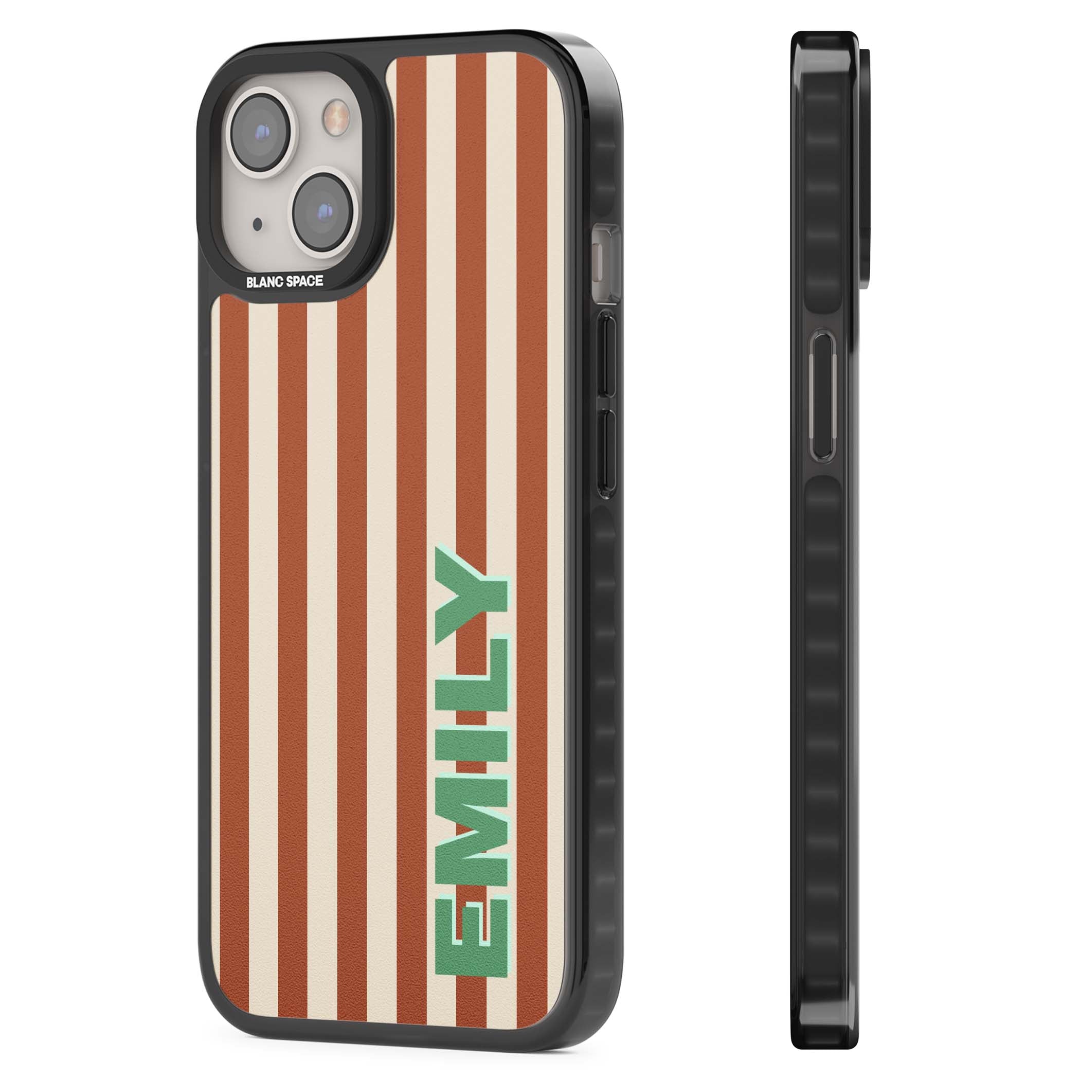 Dune Stripe personalised iPhone case with rust and cream vertical stripes and custom name in mint green | Black Impact case for iPhone 13, iPhone 14, iPhone 15