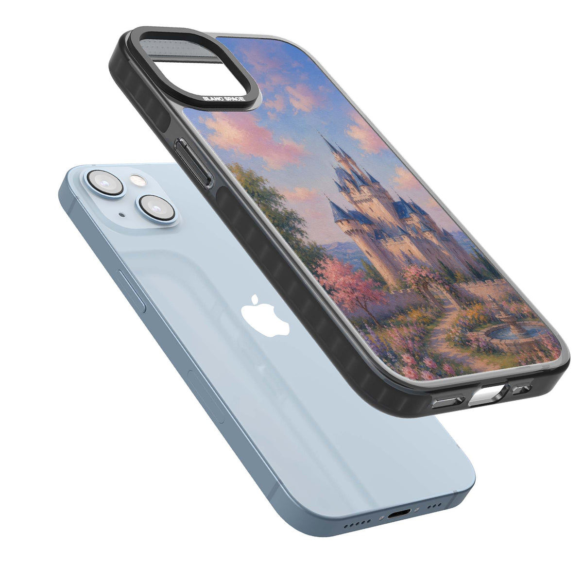 Enchanted Kingdom fairytale iPhone case featuring a romantic castle painting with cherry blossoms and pastel pink sky | Black Impact case for iPhone 13, iPhone 14, iPhone 15