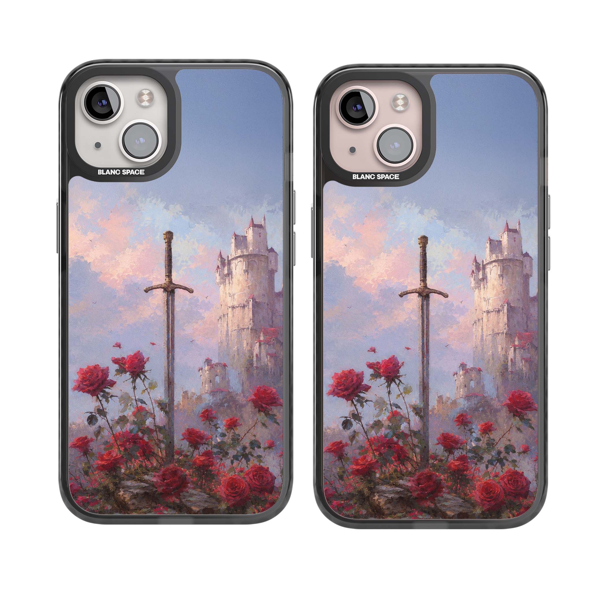 Sword in Roses medieval art iPhone case featuring a sword, red roses, and a misty fairytale castle at sunset | Black Impact case for iPhone 13, iPhone 14, iPhone 15