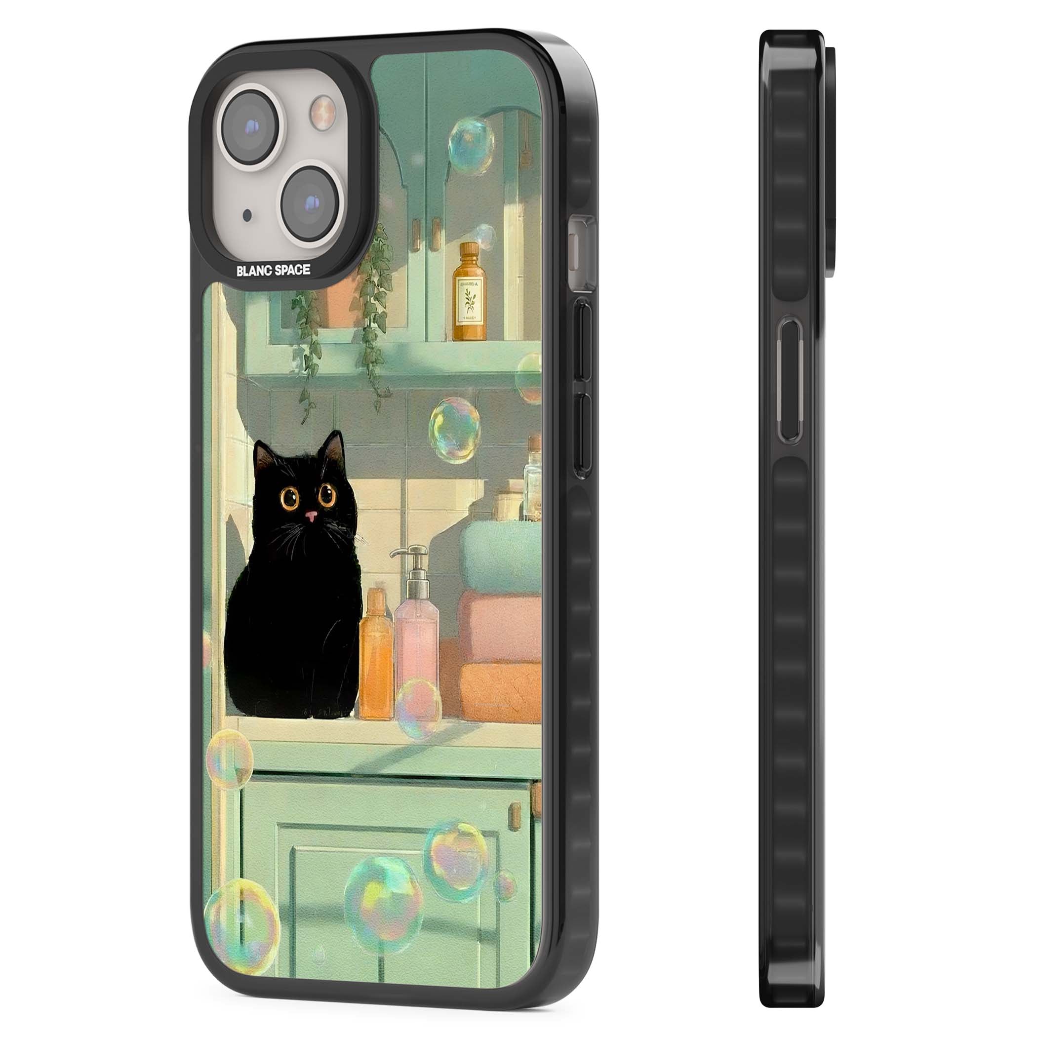 Bathroom Bubble Kitty cottagecore iPhone case featuring a black cat, mint bathroom scene and floating soap bubbles | Black Impact case for iPhone 13, iPhone 14, iPhone 15