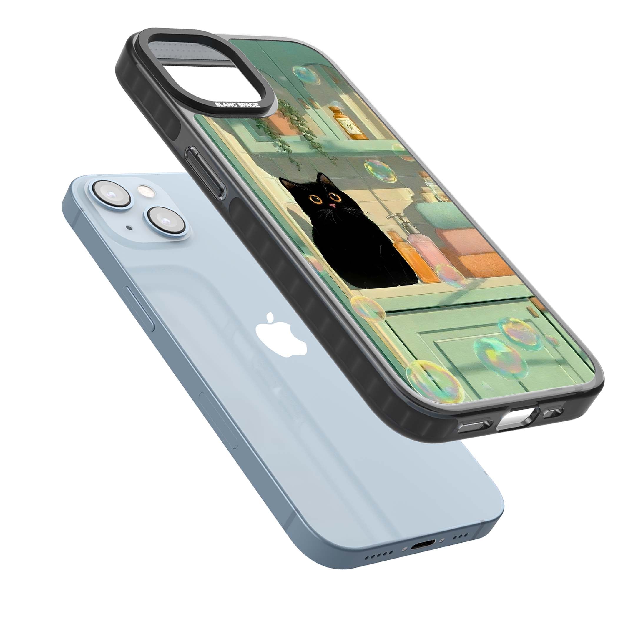 Bathroom Bubble Kitty cottagecore iPhone case featuring a black cat, mint bathroom scene and floating soap bubbles | Black Impact case for iPhone 13, iPhone 14, iPhone 15