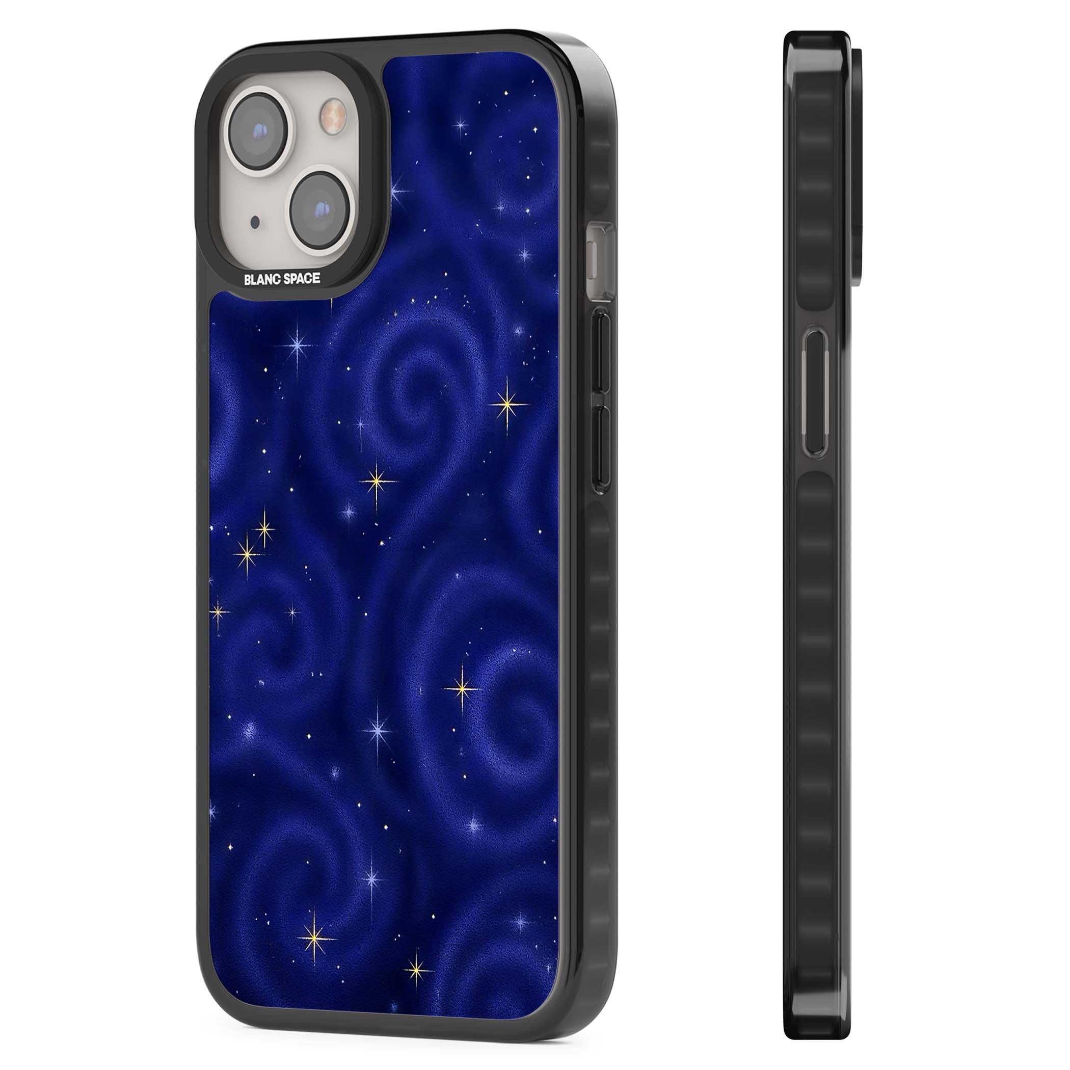 Indigo Cosmos celestial iPhone case featuring swirling navy night sky and sparkling golden stars | Black Impact case for iPhone 13, iPhone 14, iPhone 15
