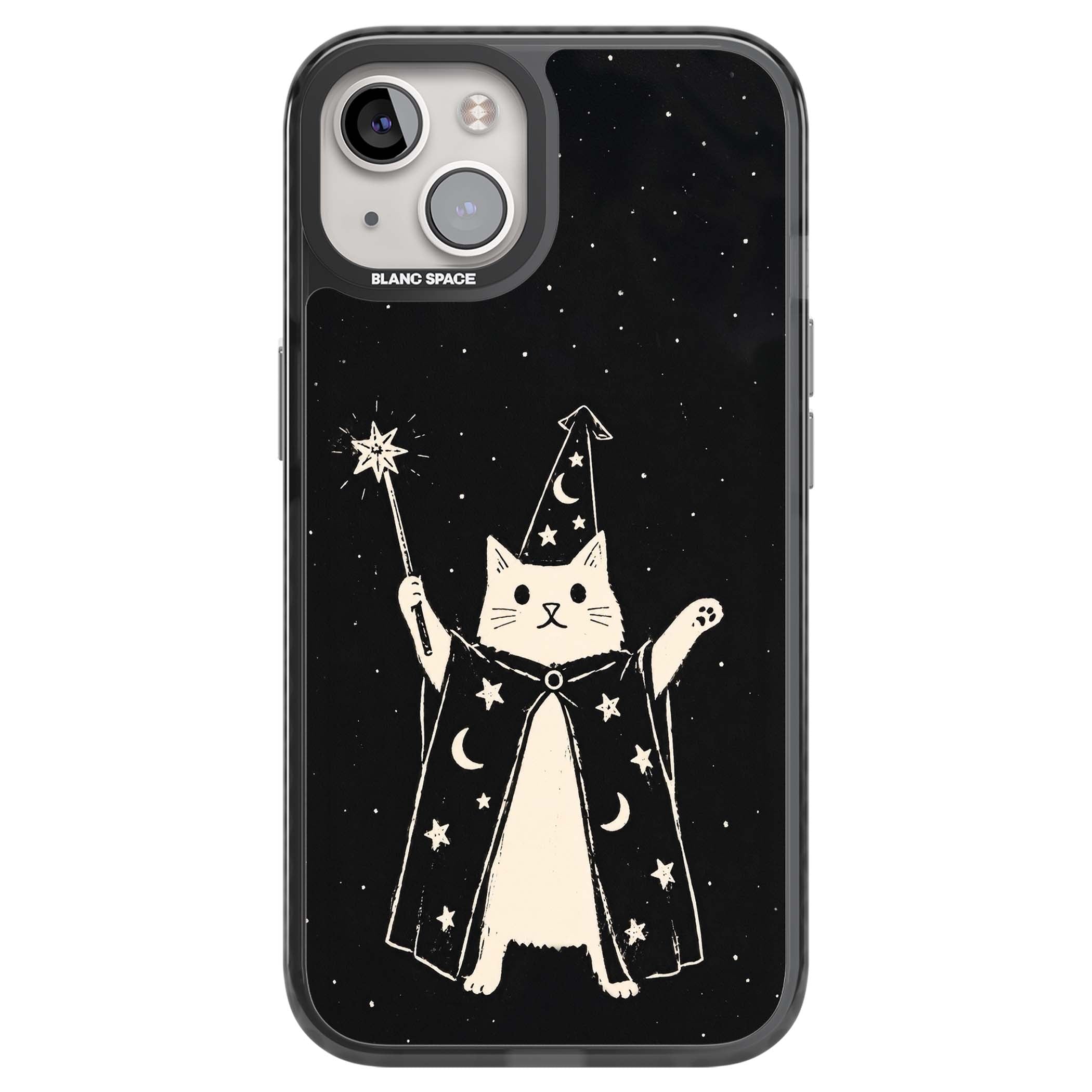 Whisker Wizard celestial cat iPhone case featuring a wizard cat with magic wand, starry night sky and crescent moons | Black Impact case for iPhone 13, iPhone 14, iPhone 15