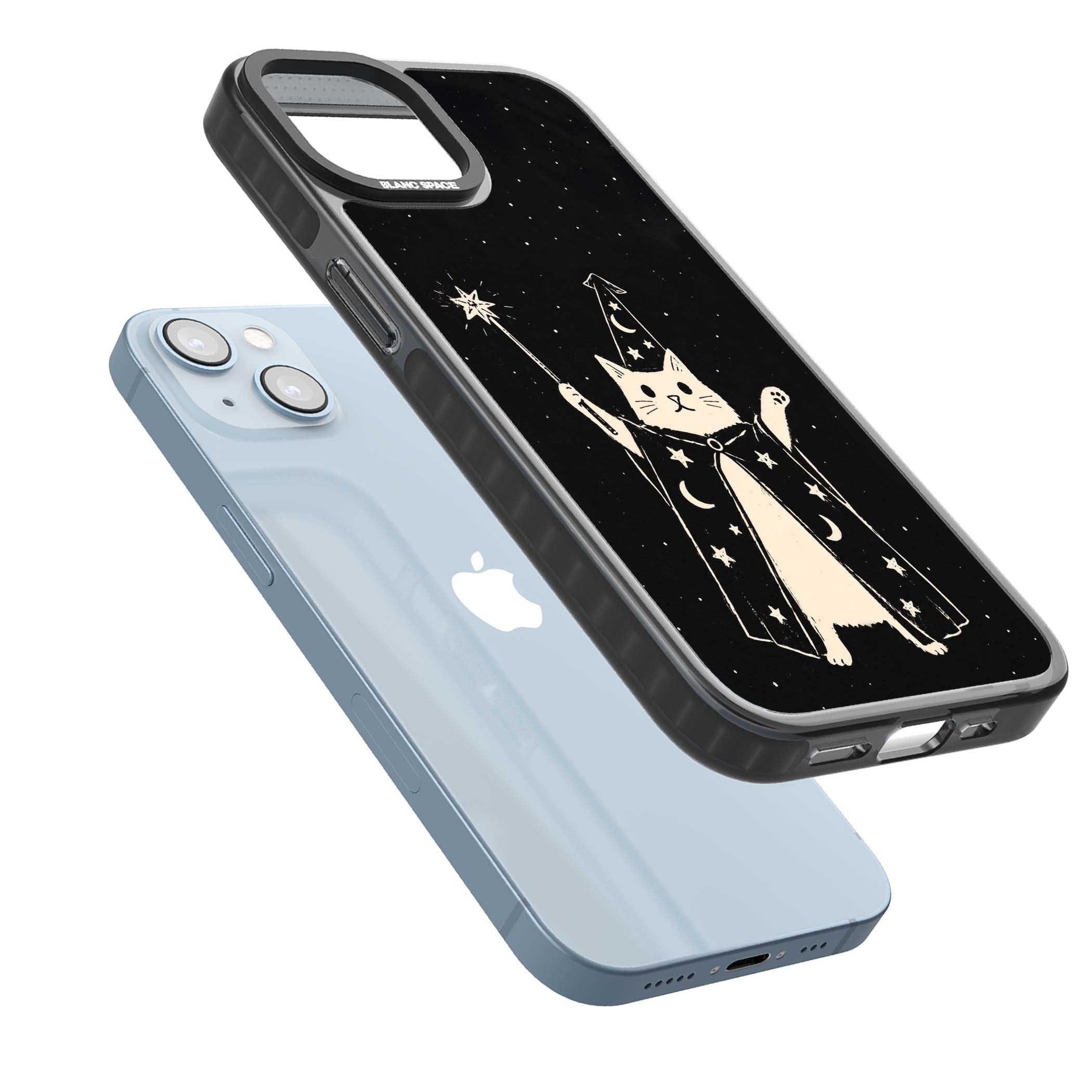 Whisker Wizard celestial cat iPhone case featuring a wizard cat with magic wand, starry night sky and crescent moons | Black Impact case for iPhone 13, iPhone 14, iPhone 15