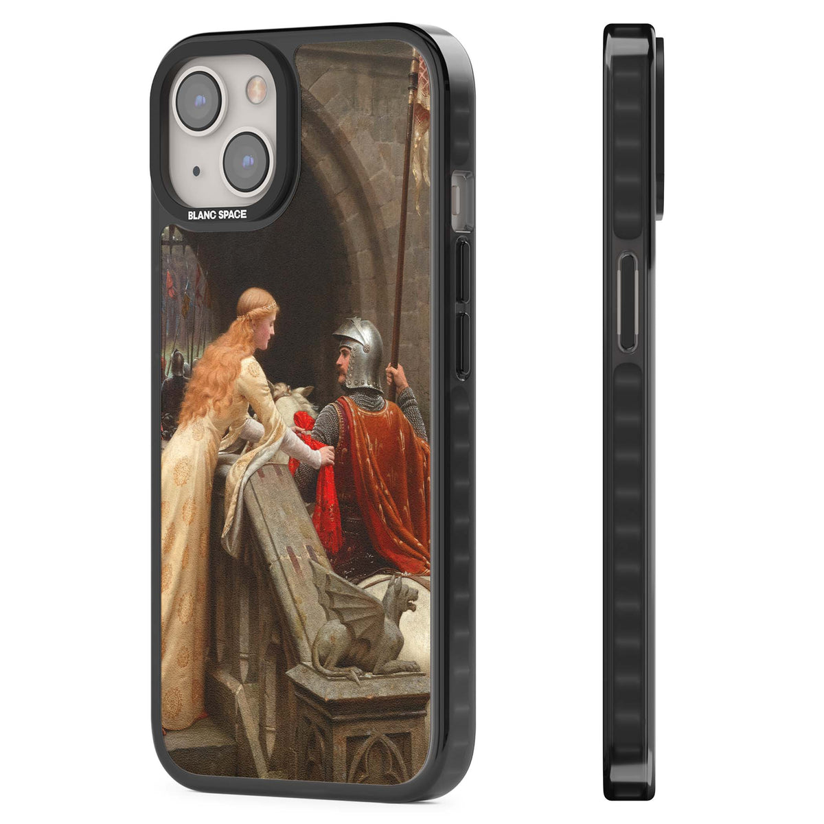 God Speed fine art iPhone case featuring Edmund Blair Leighton's medieval knight and lady beneath a stone archway | Black Impact case for iPhone 13, iPhone 14, iPhone 15