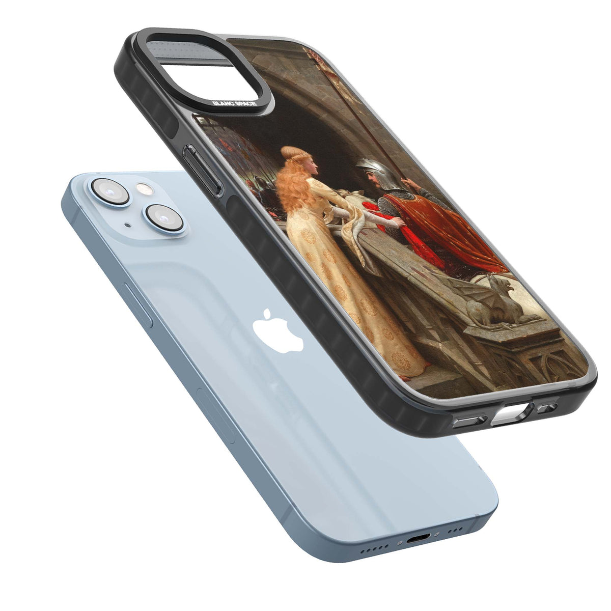God Speed fine art iPhone case featuring Edmund Blair Leighton's medieval knight and lady beneath a stone archway | Black Impact case for iPhone 13, iPhone 14, iPhone 15