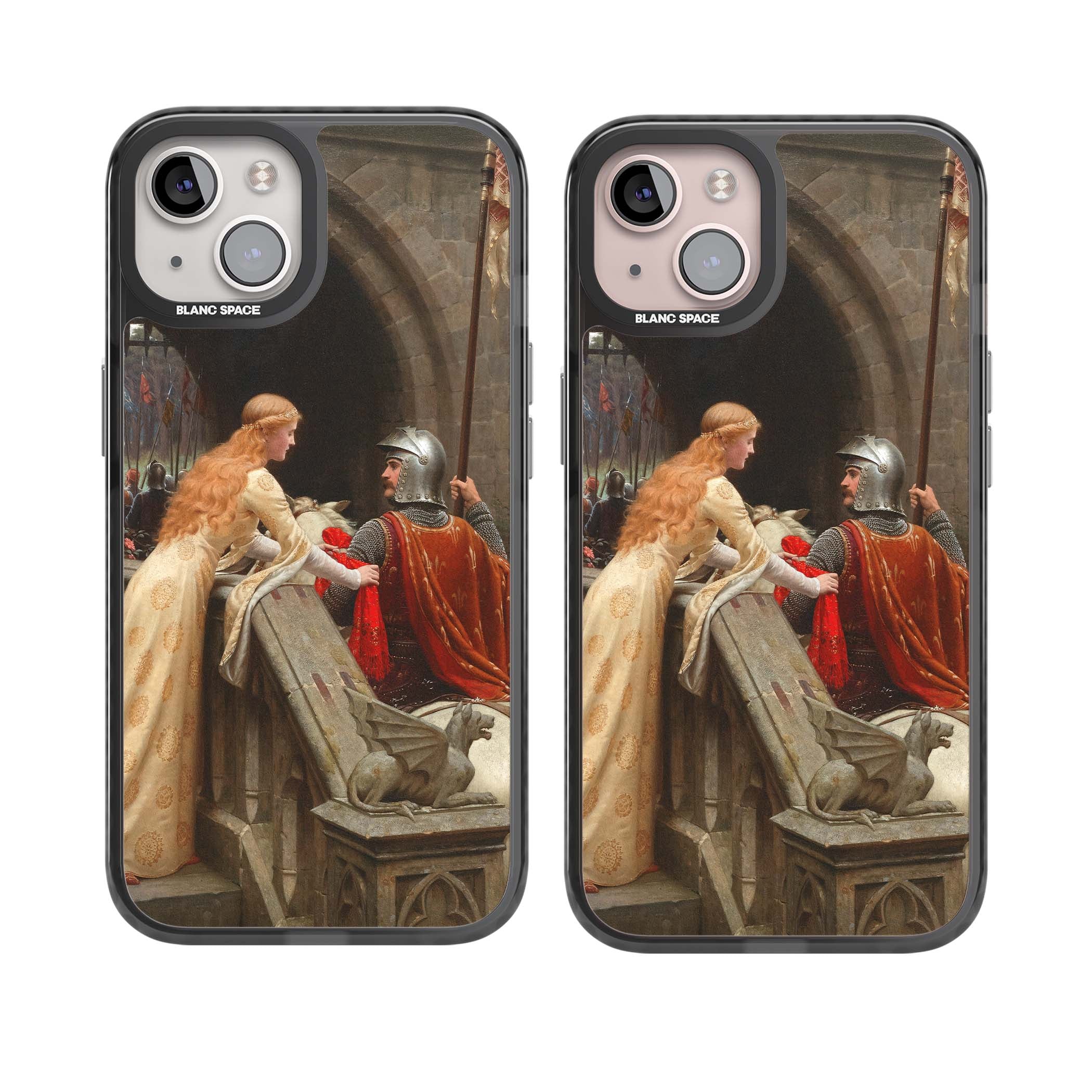 God Speed fine art iPhone case featuring Edmund Blair Leighton's medieval knight and lady beneath a stone archway | Black Impact case for iPhone 13, iPhone 14, iPhone 15