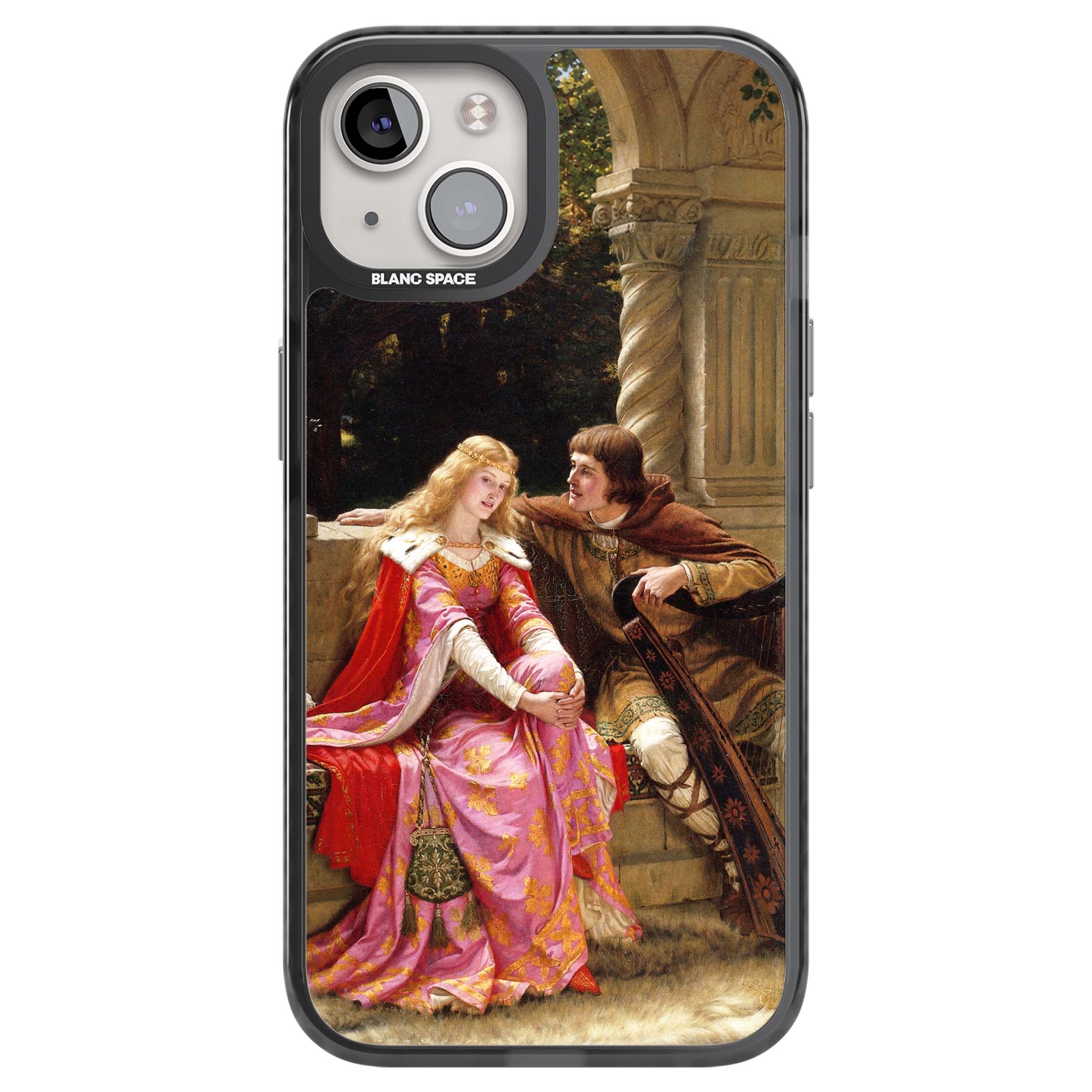 The End of the Song classic art iPhone case featuring a medieval lady in pink gown and her knight in a stone archway | Black Impact case for iPhone 13, iPhone 14, iPhone 15