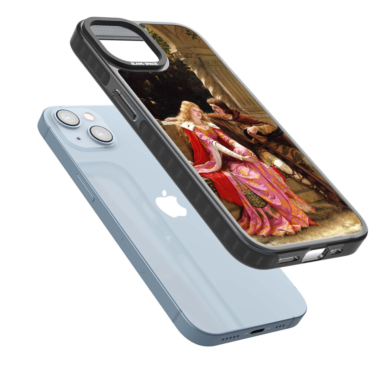 The End of the Song classic art iPhone case featuring a medieval lady in pink gown and her knight in a stone archway | Black Impact case for iPhone 13, iPhone 14, iPhone 15