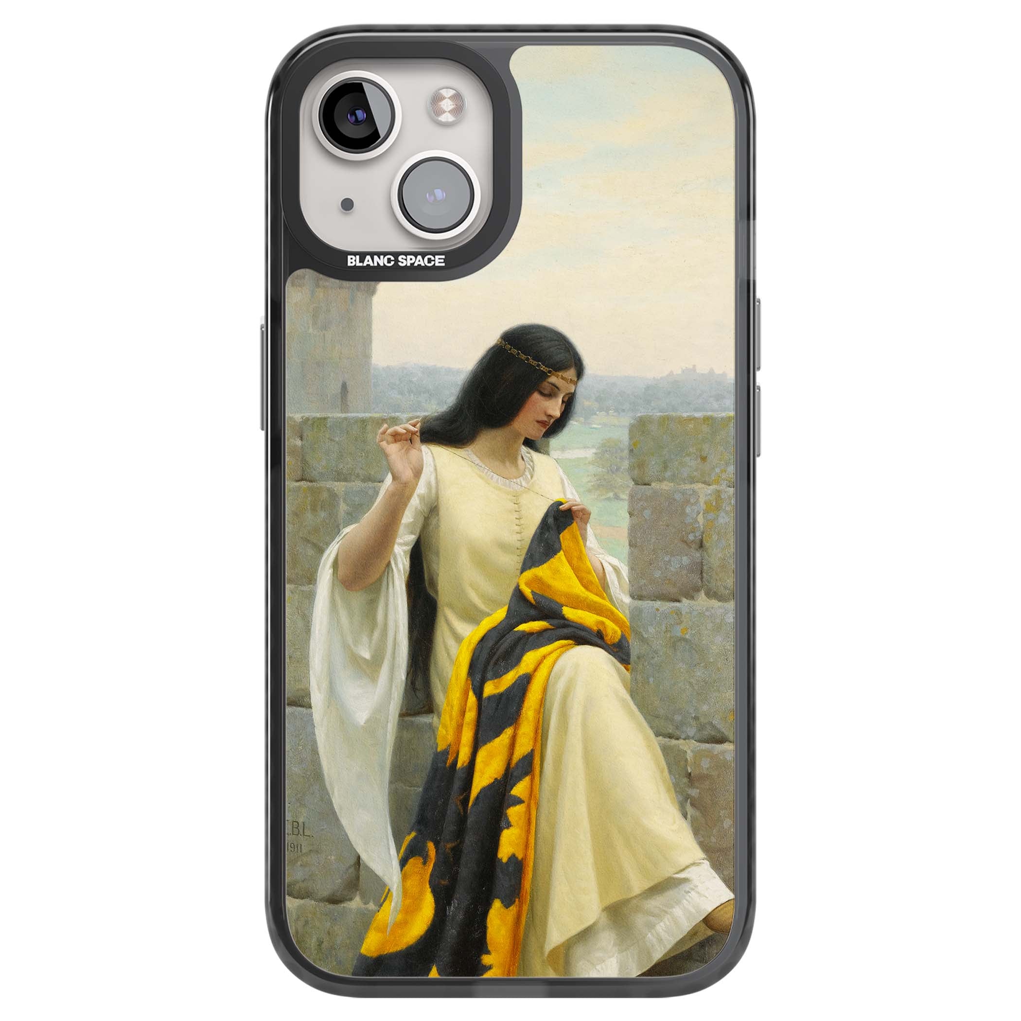 Stitching the Standard renaissance art iPhone case featuring a medieval lady sewing a golden banner on a castle wall | Black Impact case for iPhone 13, iPhone 14, iPhone 15