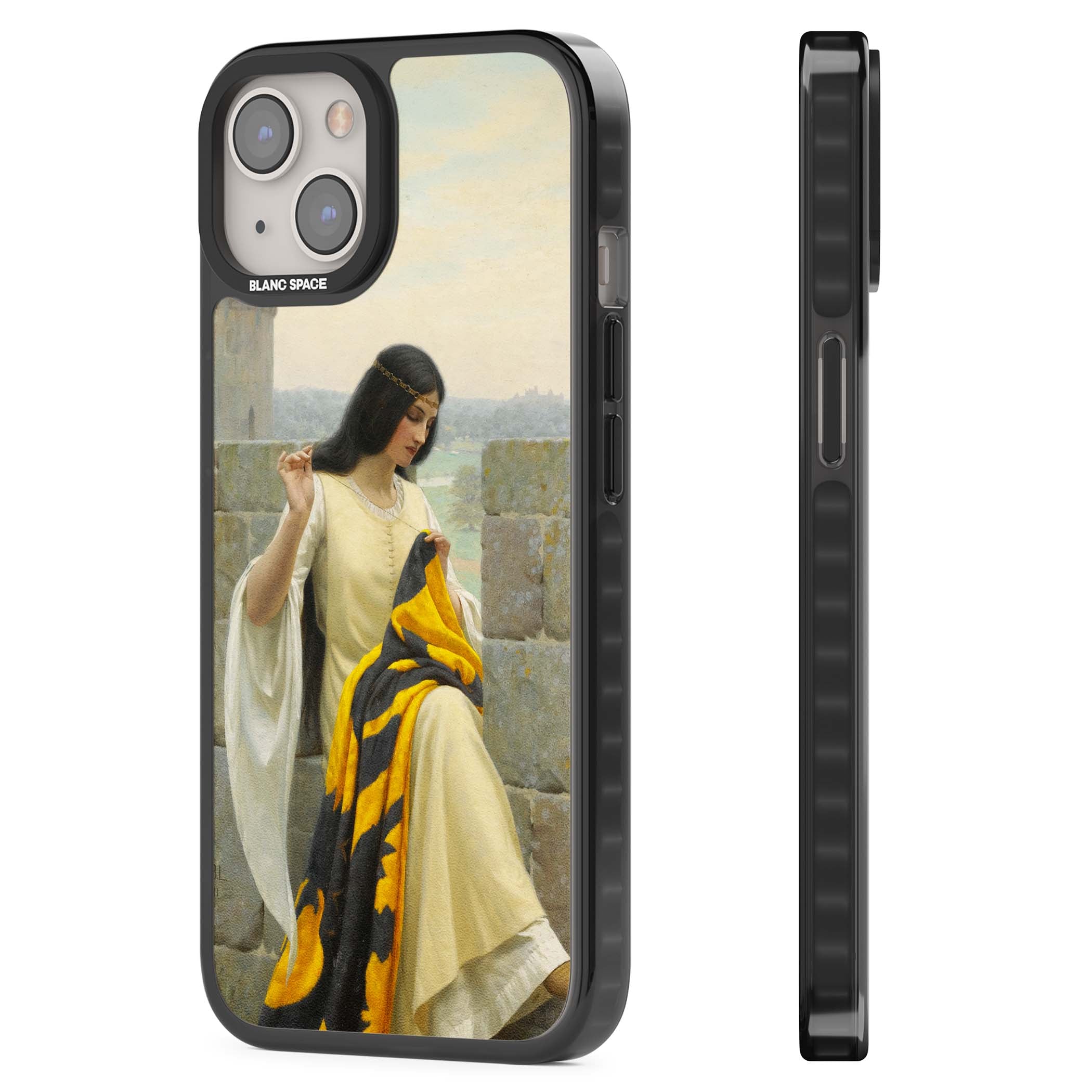 Stitching the Standard renaissance art iPhone case featuring a medieval lady sewing a golden banner on a castle wall | Black Impact case for iPhone 13, iPhone 14, iPhone 15