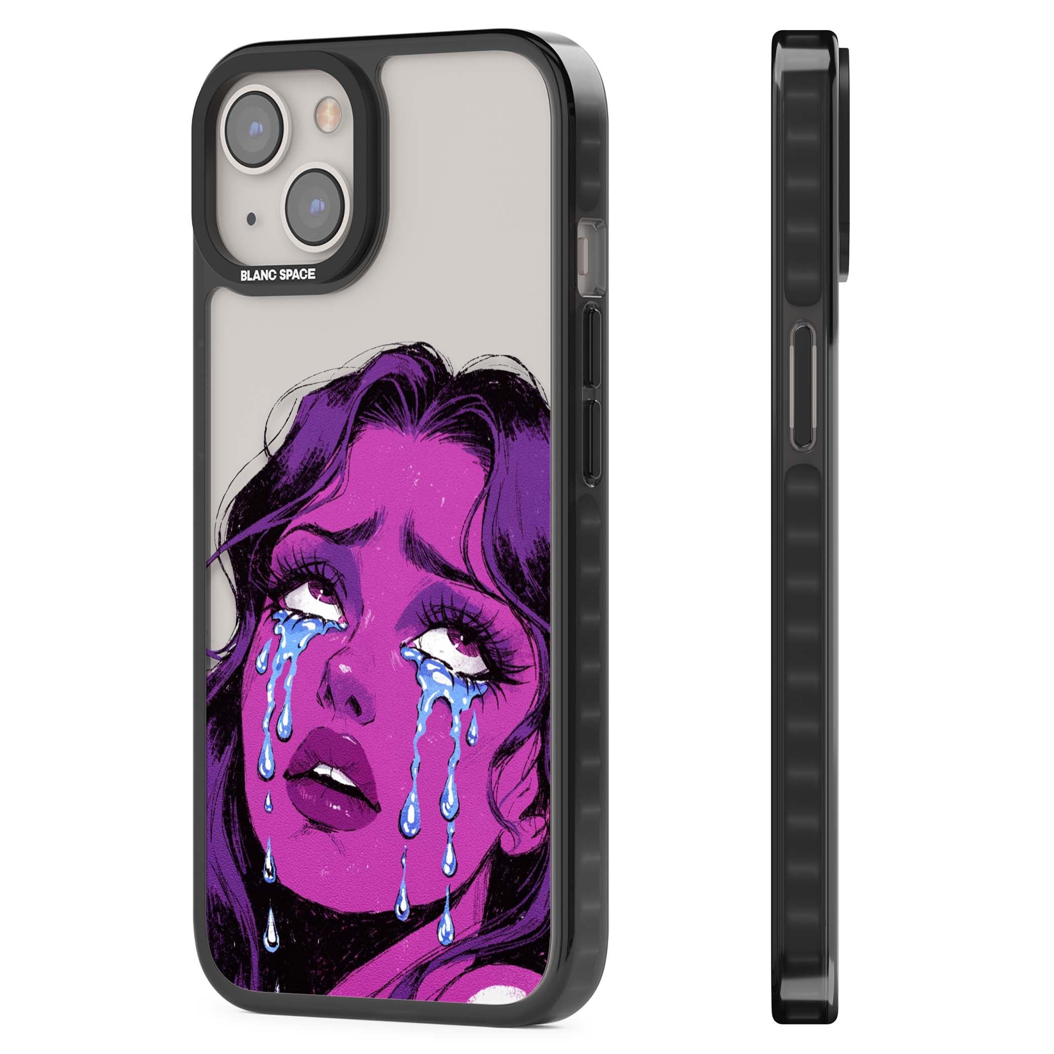 Drama Queen pop art iPhone case featuring a purple crying comic girl with blue tears | Black Impact case for iPhone 13, iPhone 14, iPhone 15