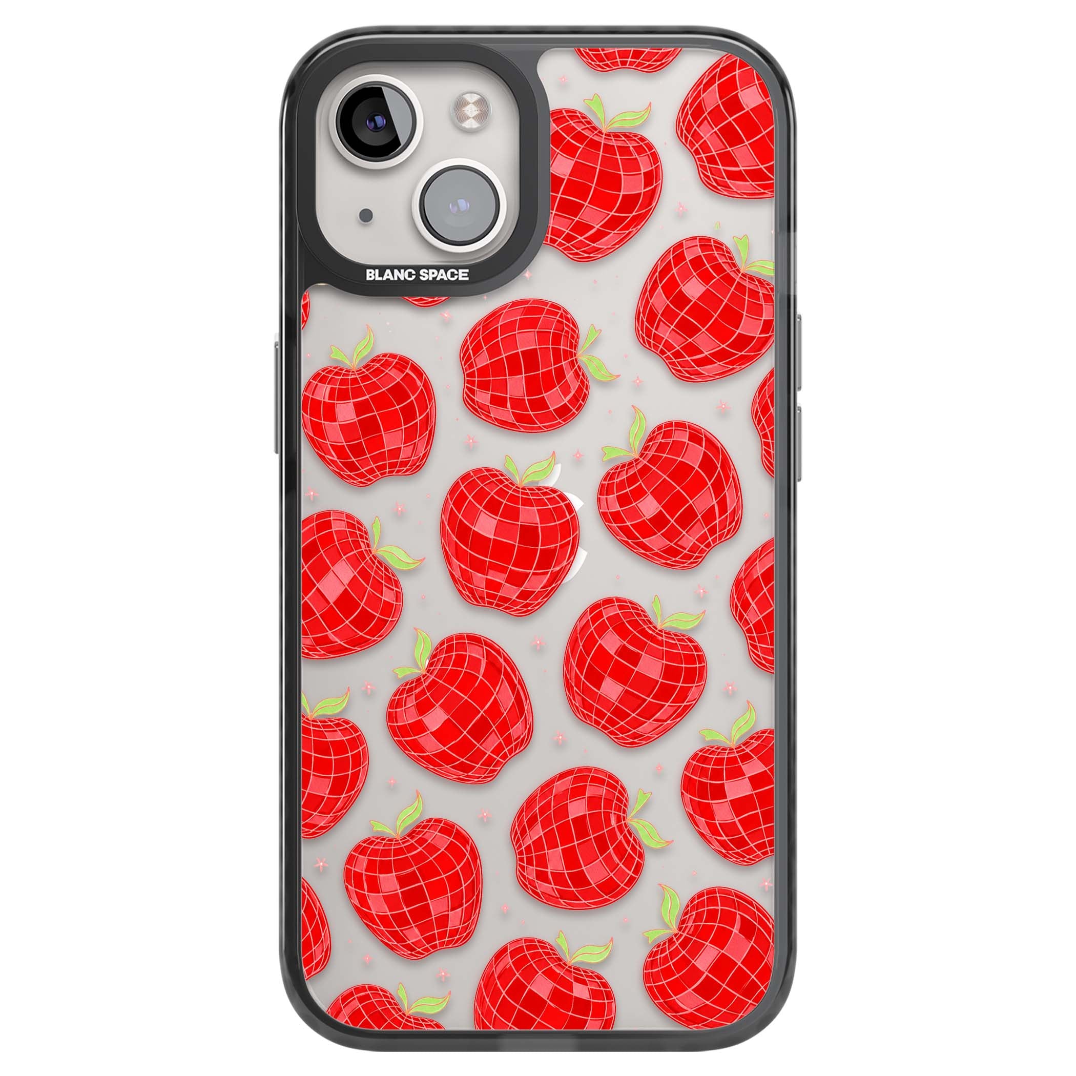 Disco Apples Y2K iPhone case featuring red disco ball apples, green leaves and pink sparkles on clear | Black Impact case for iPhone 13, iPhone 14, iPhone 15