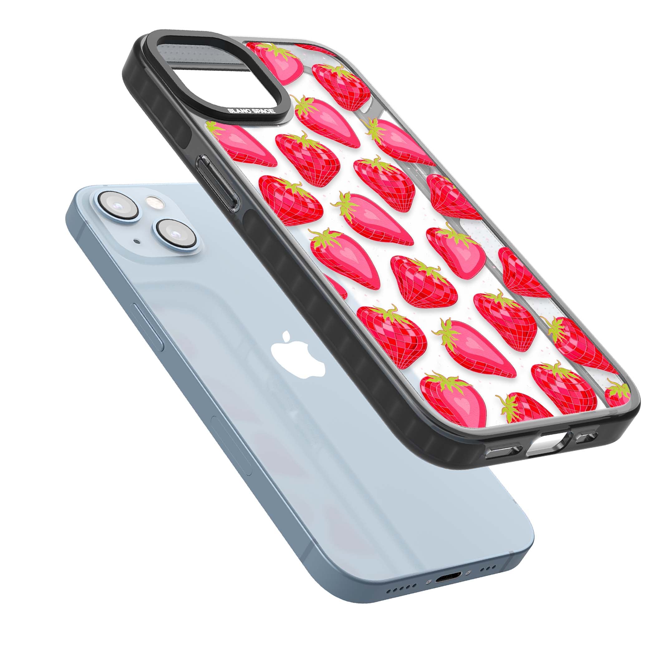 Disco Strawberry Y2K iPhone case featuring pink disco-ball strawberries, green leaves and tiny sparkles | Black Impact case for iPhone 13, iPhone 14, iPhone 15