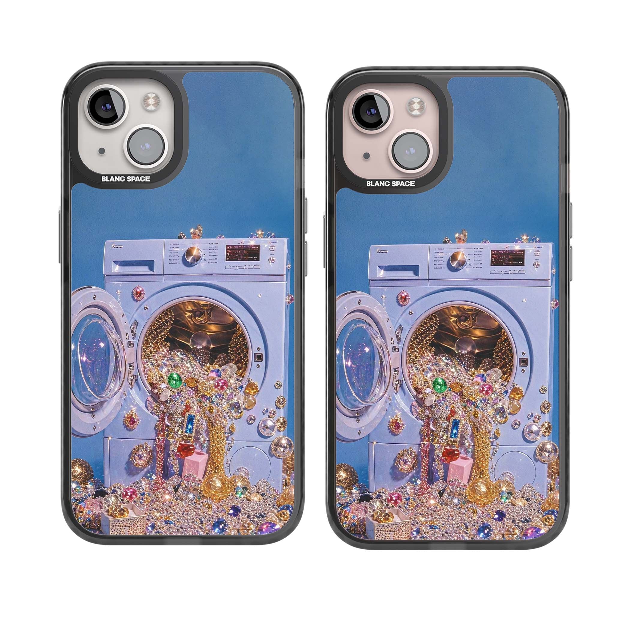 Gem Laundry baddie iPhone case featuring a surreal washing machine overflowing with colourful gemstones and crystals | Black Impact case for iPhone 13, iPhone 14, iPhone 15
