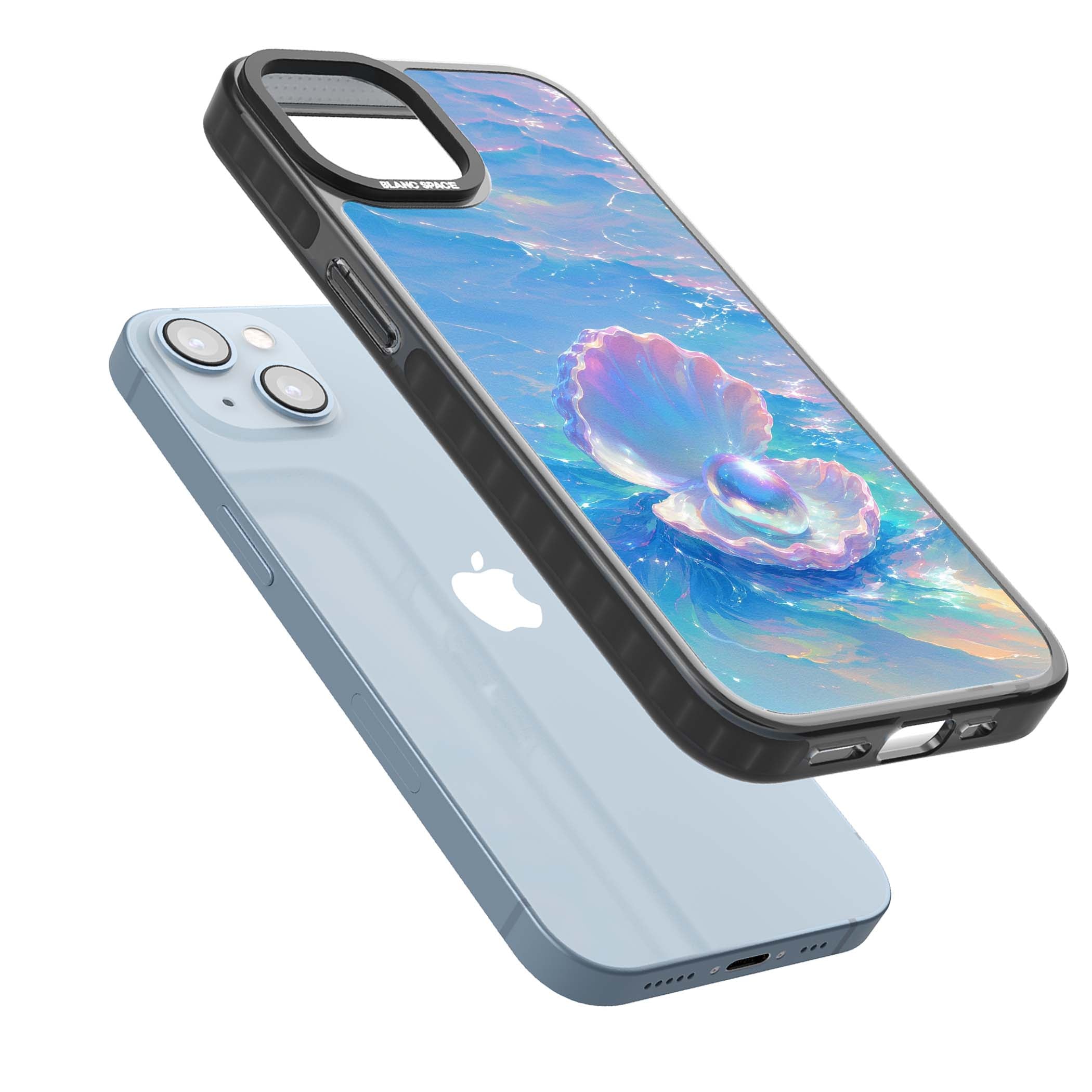 The Pearl Clam mermaidcore iPhone case featuring iridescent seashell, glowing pearl and pastel ocean waves | Black Impact case for iPhone 13, iPhone 14, iPhone 15