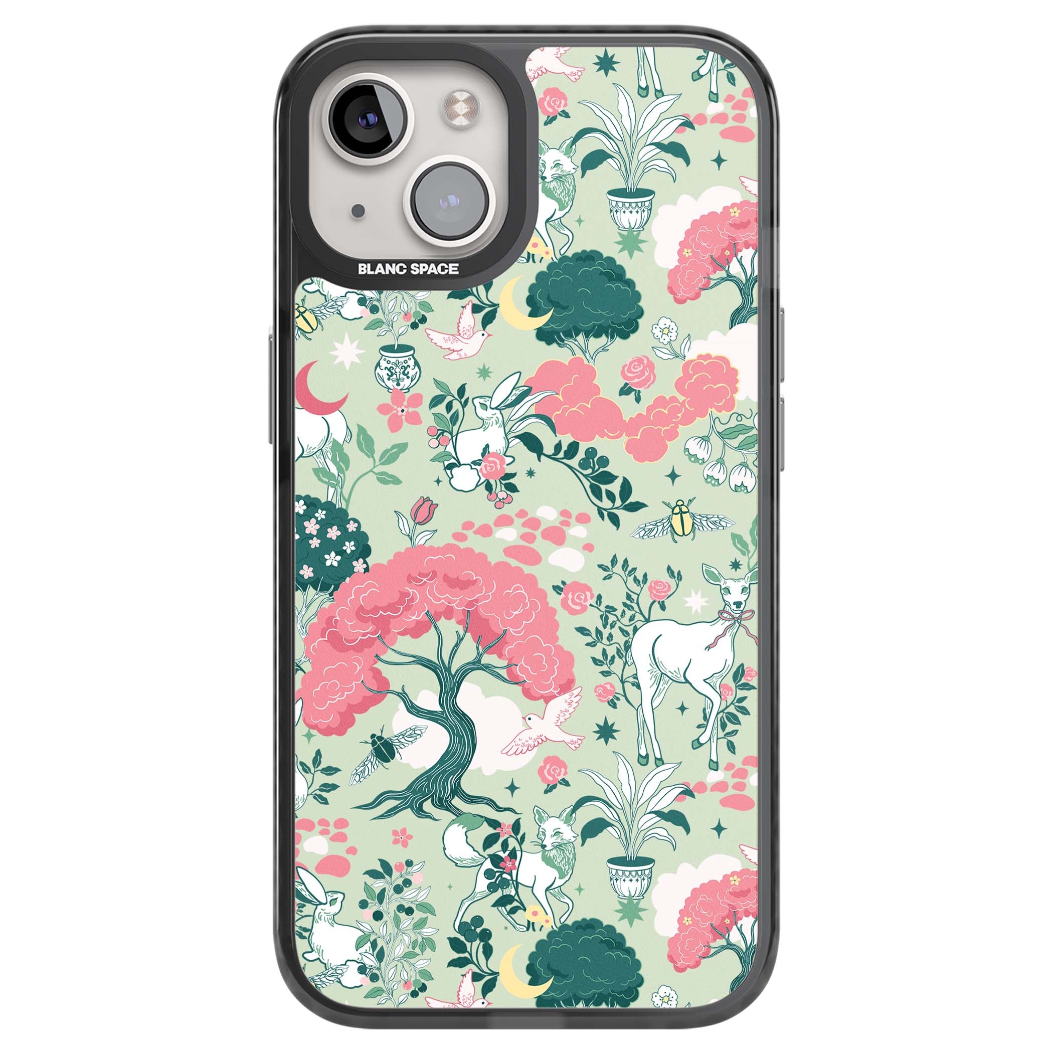 Enchanted Woodland cottagecore iPhone case featuring white deer, pink roses, mushrooms and woodland animals on sage green | Black Impact case for iPhone 13, iPhone 14, iPhone 15