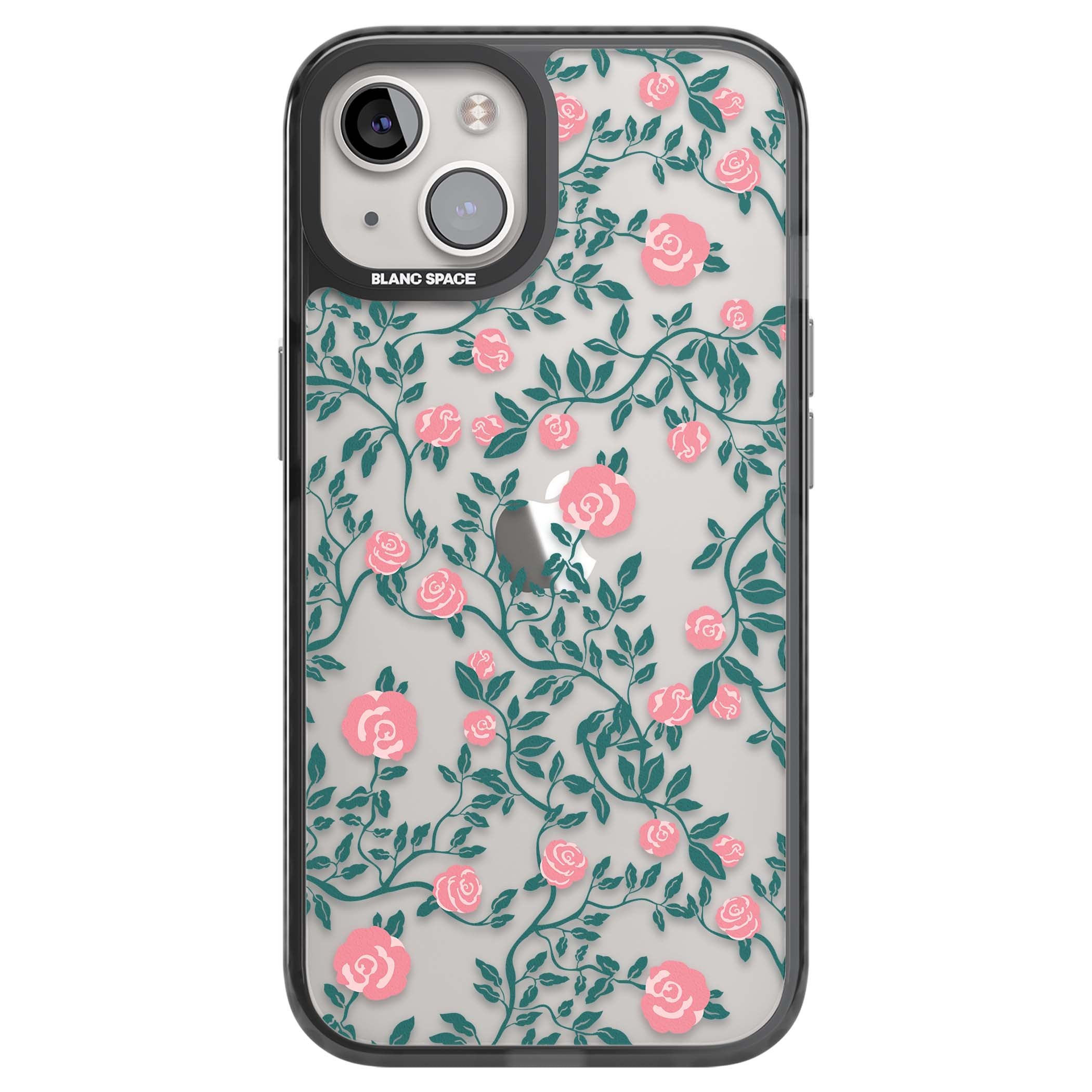 Rose Trellis (Clear) cottagecore iPhone case featuring pink climbing roses and green leaves on clear background | Black Impact case for iPhone 13, iPhone 14, iPhone 15