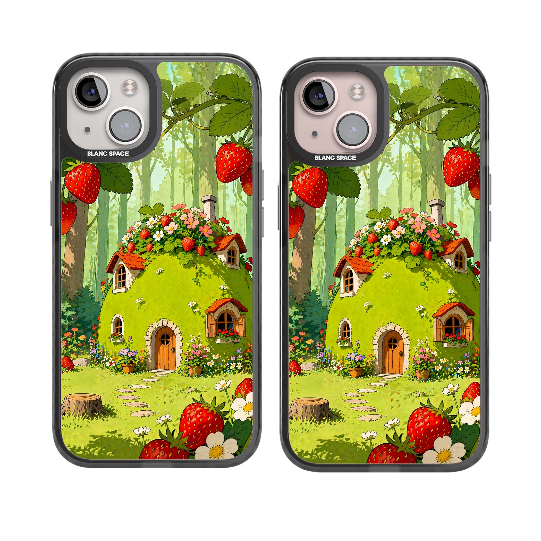 Strawberry Cottage cottagecore iPhone case featuring a green fairy house, wild strawberries and enchanted forest flowers | Black Impact case for iPhone 13, iPhone 14, iPhone 15
